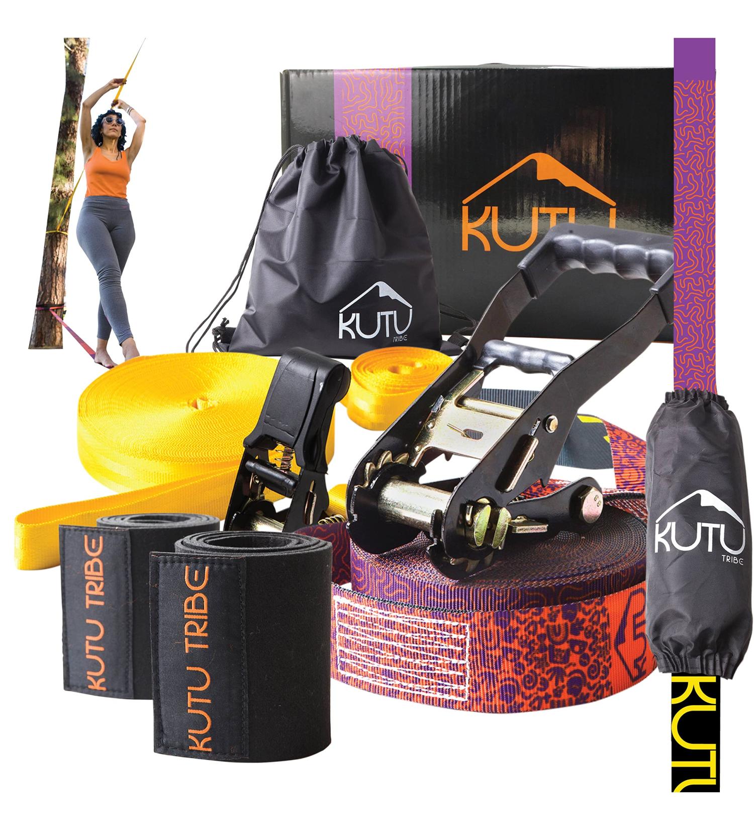 Kutu Tribe 60 ft Slackline Kit with Tree Protectors, Arm Trainer, Ratchet Cover - Ideal for Kids and Adults, Beginner Slackline with Training Line - Includes Carry Bag - Buy Online on GoSupps.com