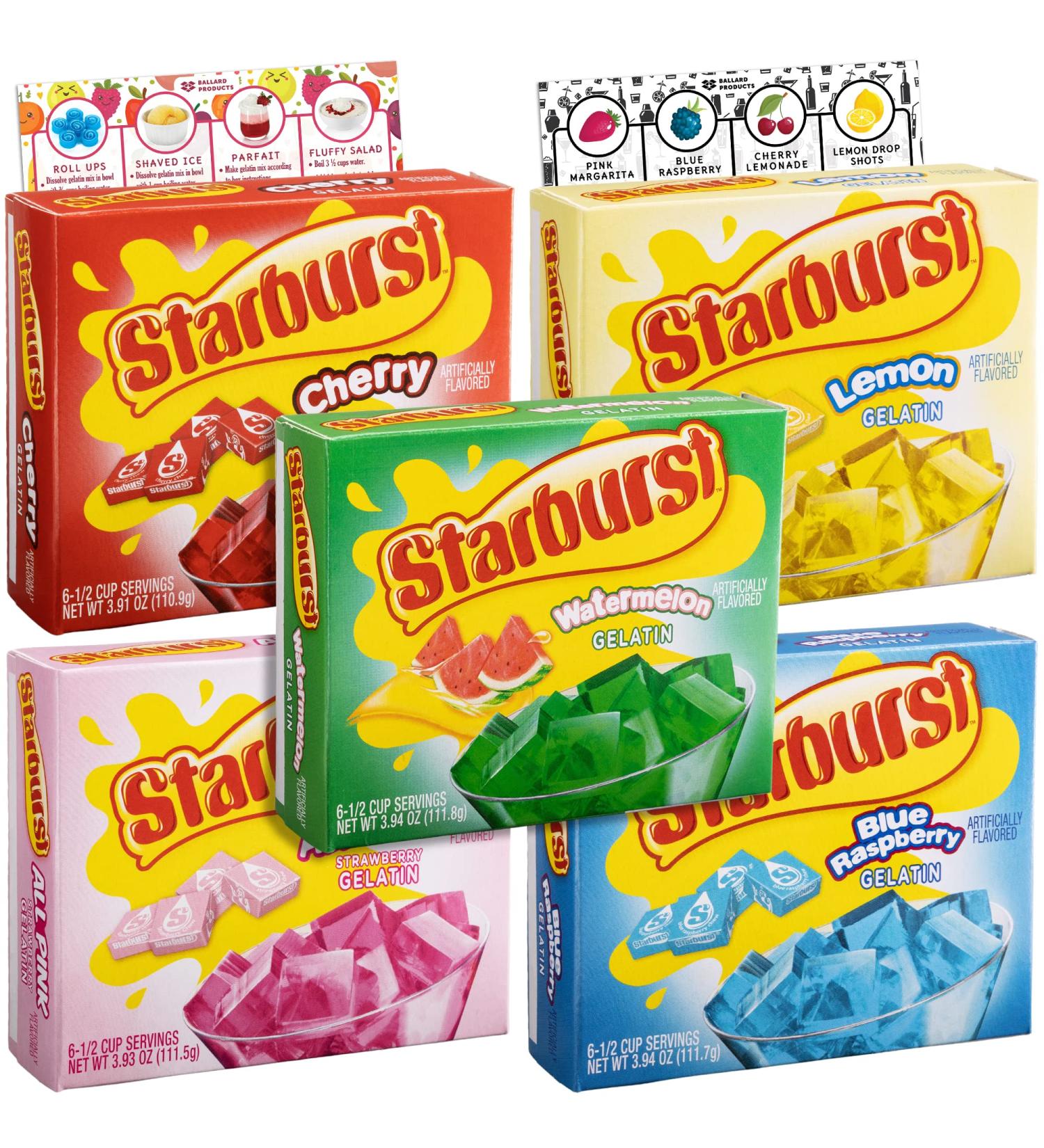 Starburst Gelatin Variety Pack of 5 | 1 Box Each - Watermelon  Blue Raspberry  All Pink Strawberry  Lemon and Cherry | Bundled with Ballard Jello Shot Recipe Card and Ballard Cold Treats Recipe Card - Buy Online on GoSupps.com