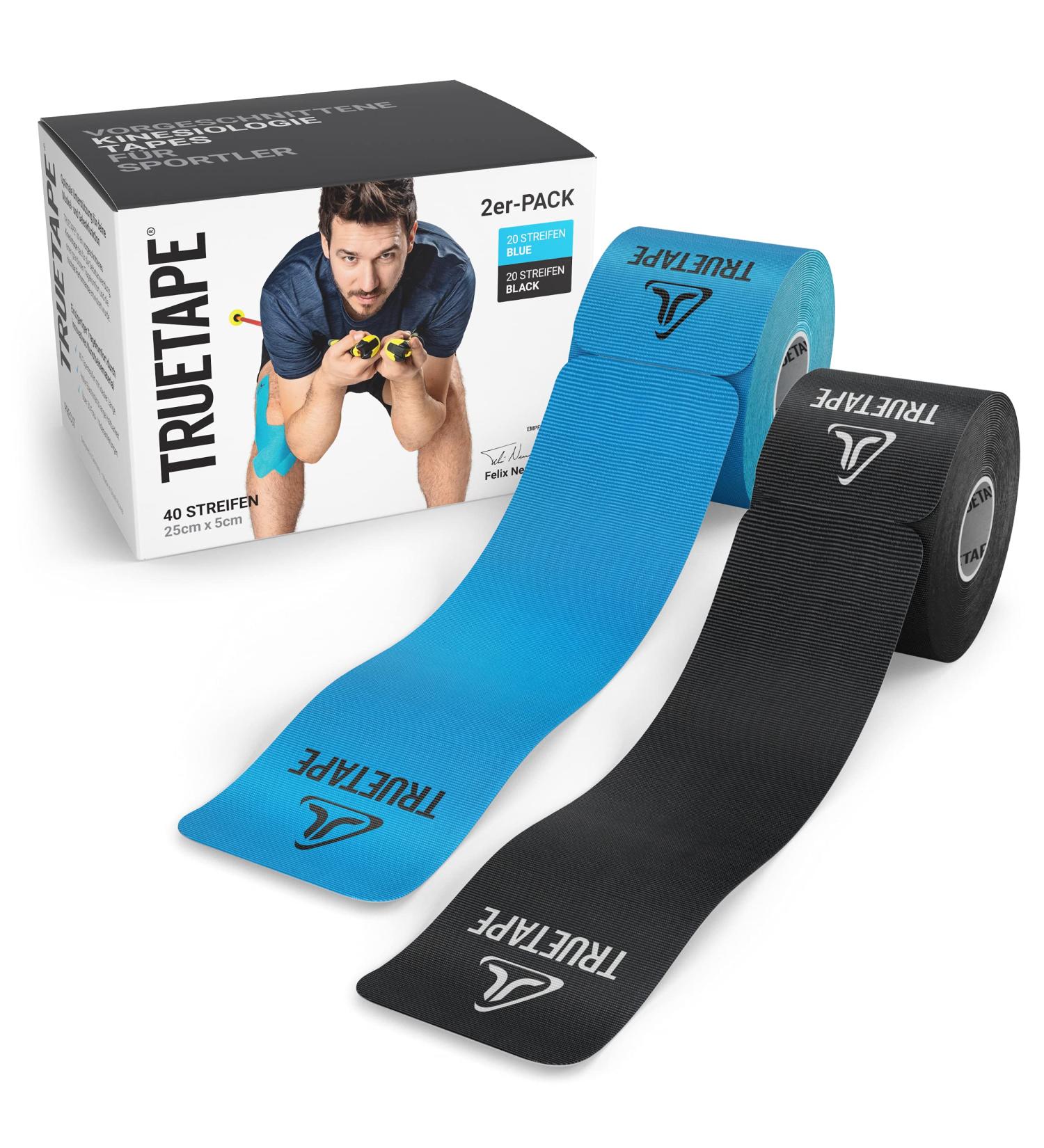 TrueTape Kinesiology Tapes - 40 Stripes (25cm x 5cm) | Waterproof Elastic Skin-Friendly | Blue & Black Sport Tapes | Shop Now for International Shipping - Buy Online on GoSupps.com