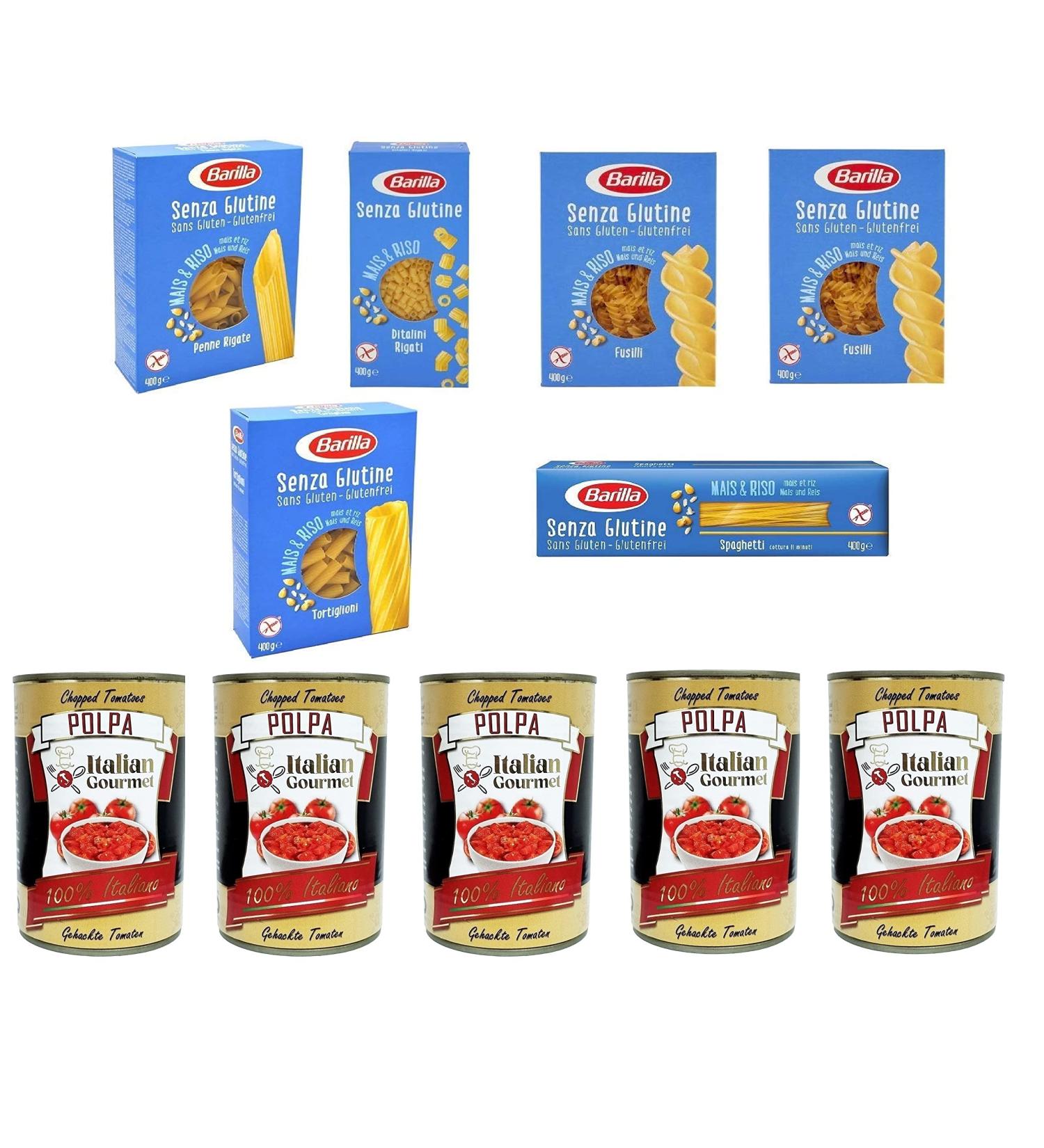 Test package Barilla Senza Glutin Glutenfree pasta 6 x 400 g and Italian gourmet Polpa di Pomodoro finely chopped tomato puree 5 x 400 g - Buy Online on GoSupps.com