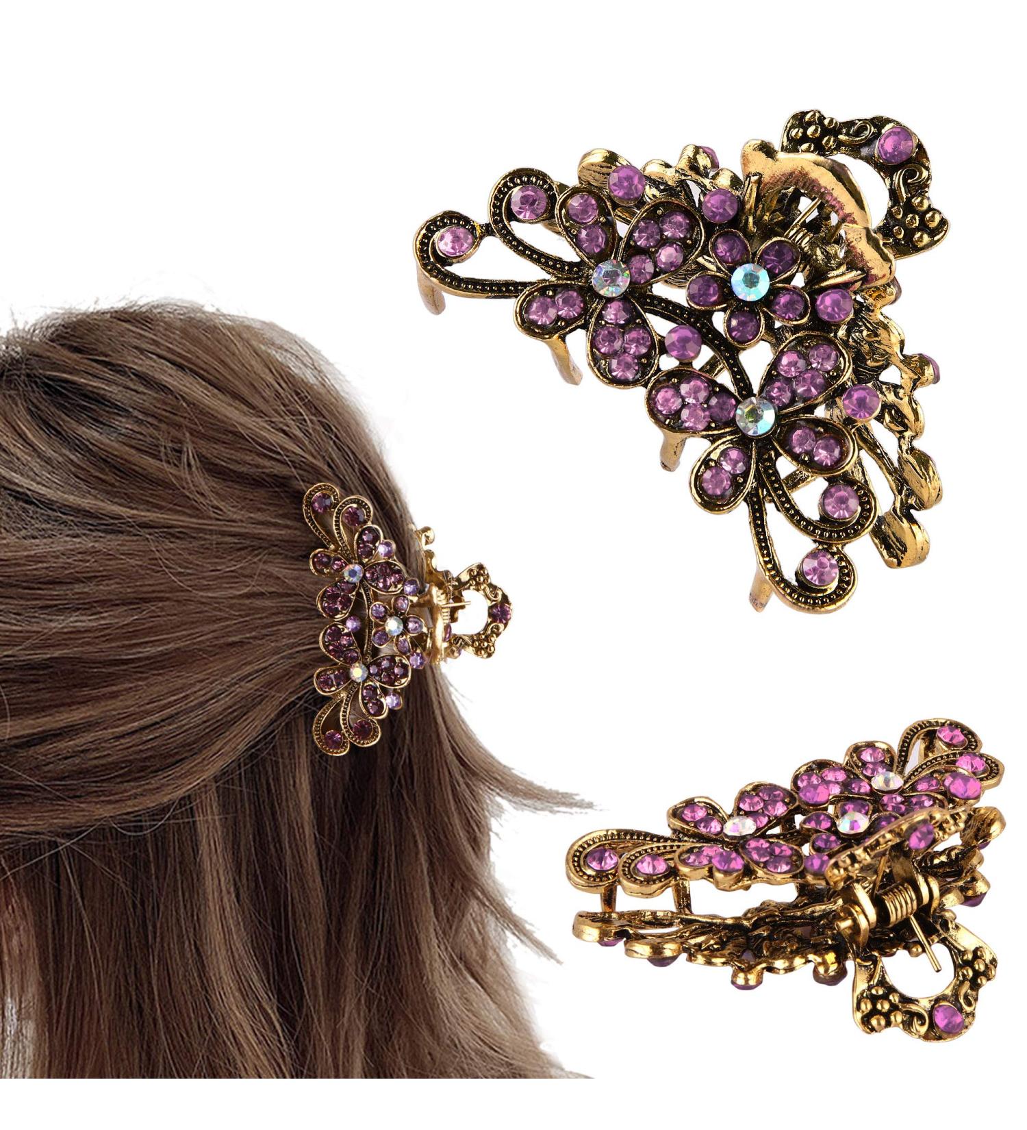 CROWN GUIDE Vintage Rhinestone Hair Claw | Crystal Jaw Clip for Women | Decorative Flowers Barrette | Purple Alloy Hair Clasp | Pack of 1 - Buy Online on GoSupps.com