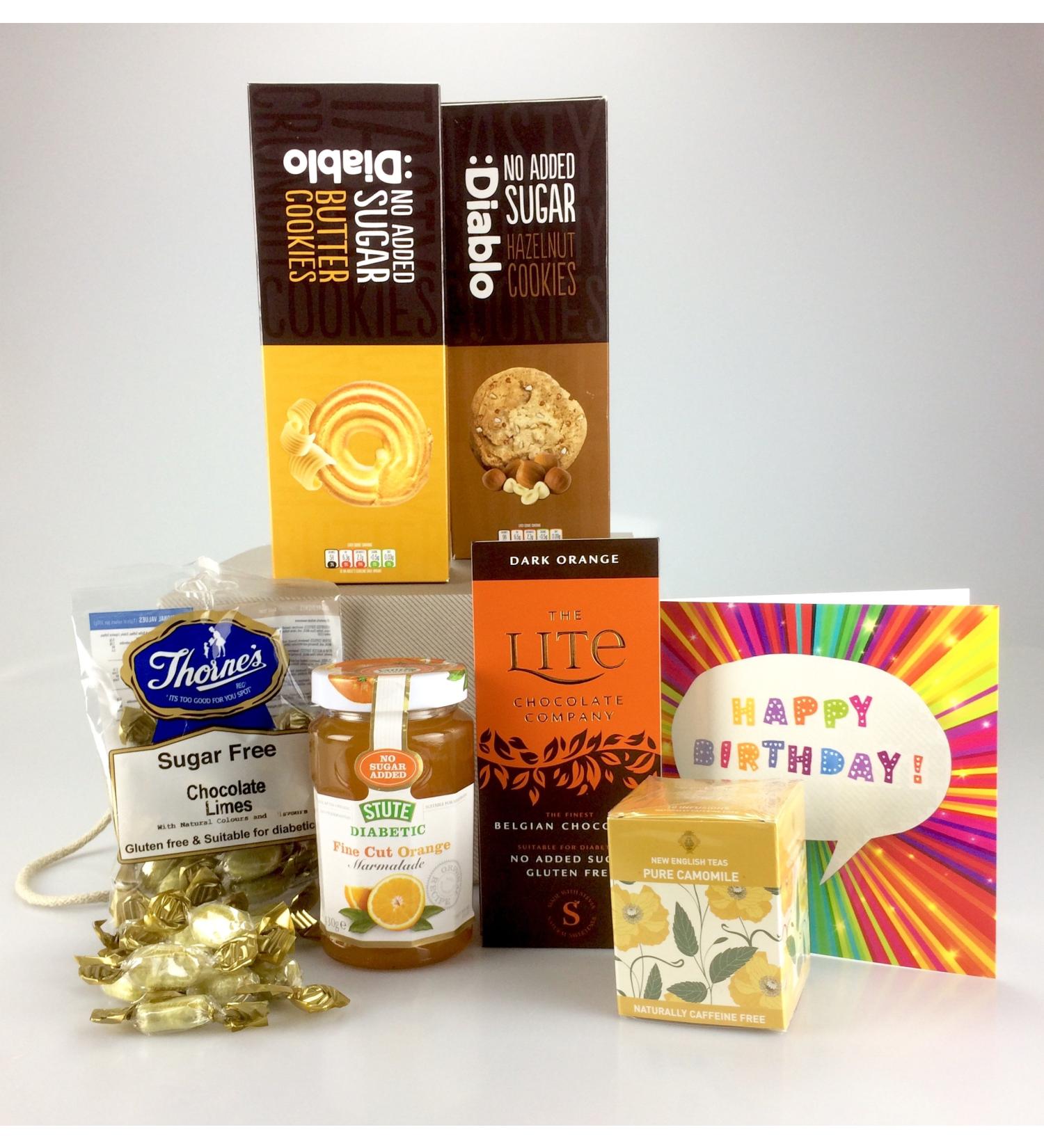 Happy Birthday Themed - Diabetic Choice - Sugar Free Food Hamper Biscuits Chocolate Sweet - Wife Husband Girlfriend Mum Dad Boyfriend Son Daughter Partner Friend - Buy Online on GoSupps.com