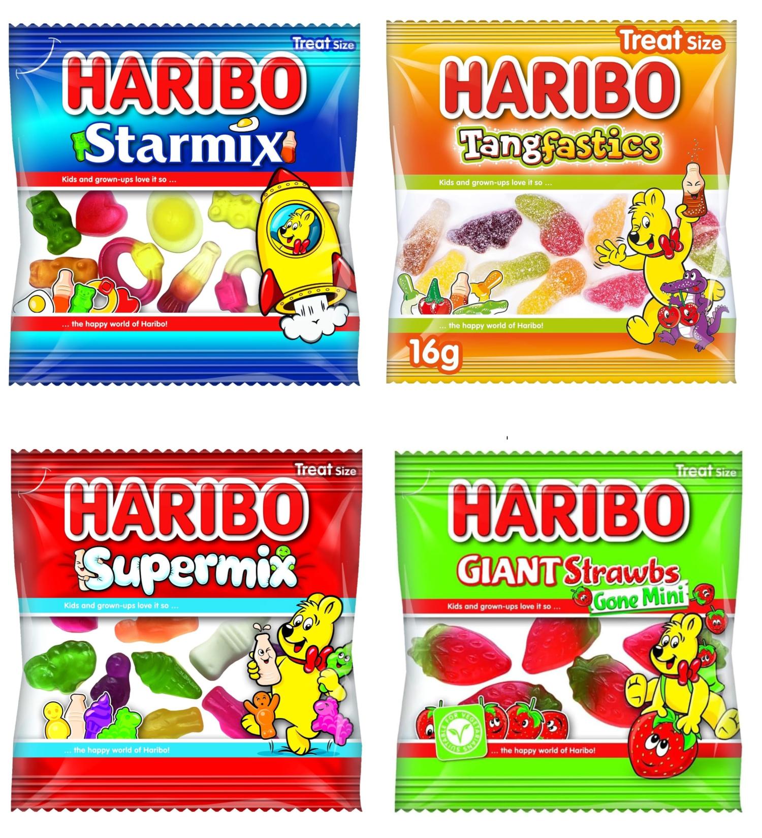 Haribo Tangfastics Supermix Starmix Giant Strawbs Gone Mini Treat Size Mini Bags 16g Kids Childrens Goody Party Bags 32 Assorted Multi Packs