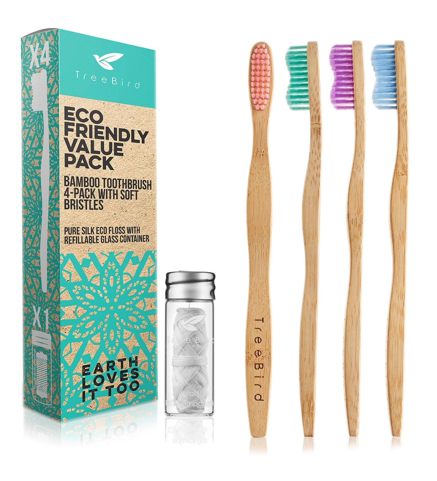 Bamboo Toothbrush 4-Pack & Compostable Dental Floss Set | Eco-Friendly Oral Care Kit with Refillable Glass Holder | Biodegradable & BPA-Free | Natural Gifts for Men & Women - Buy Online on GoSupps.com