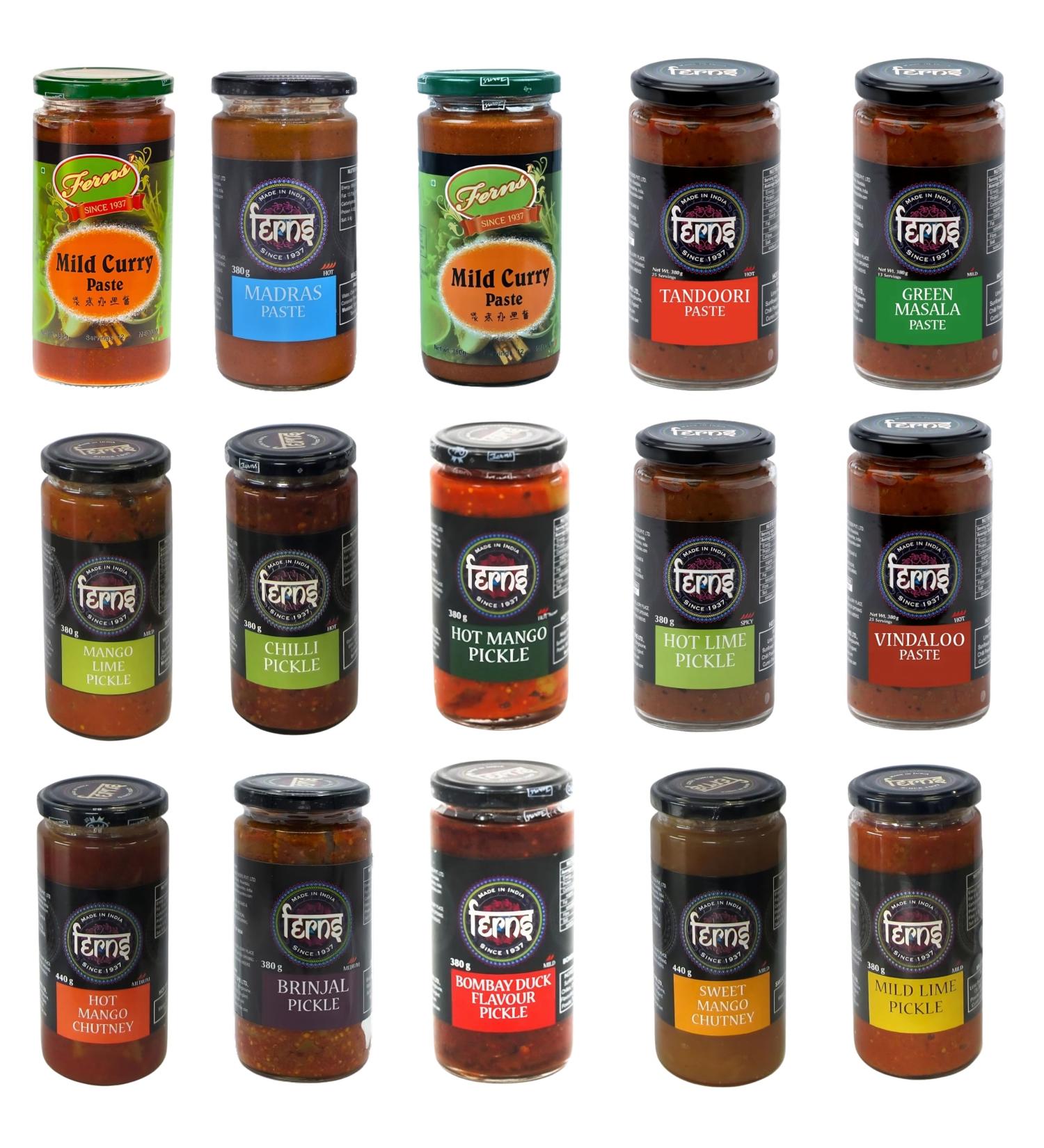 Fern Pickle Curry Sauce Chutney Pick N Mix | Choose From 17+ Flavours |Hot Curry Paste Vindaloo Curry Hot Mango Pickle Hot Lime Pickle Mild Lime Pickle Chilli Pickle - Pack of 4 - Buy Online on GoSupps.com