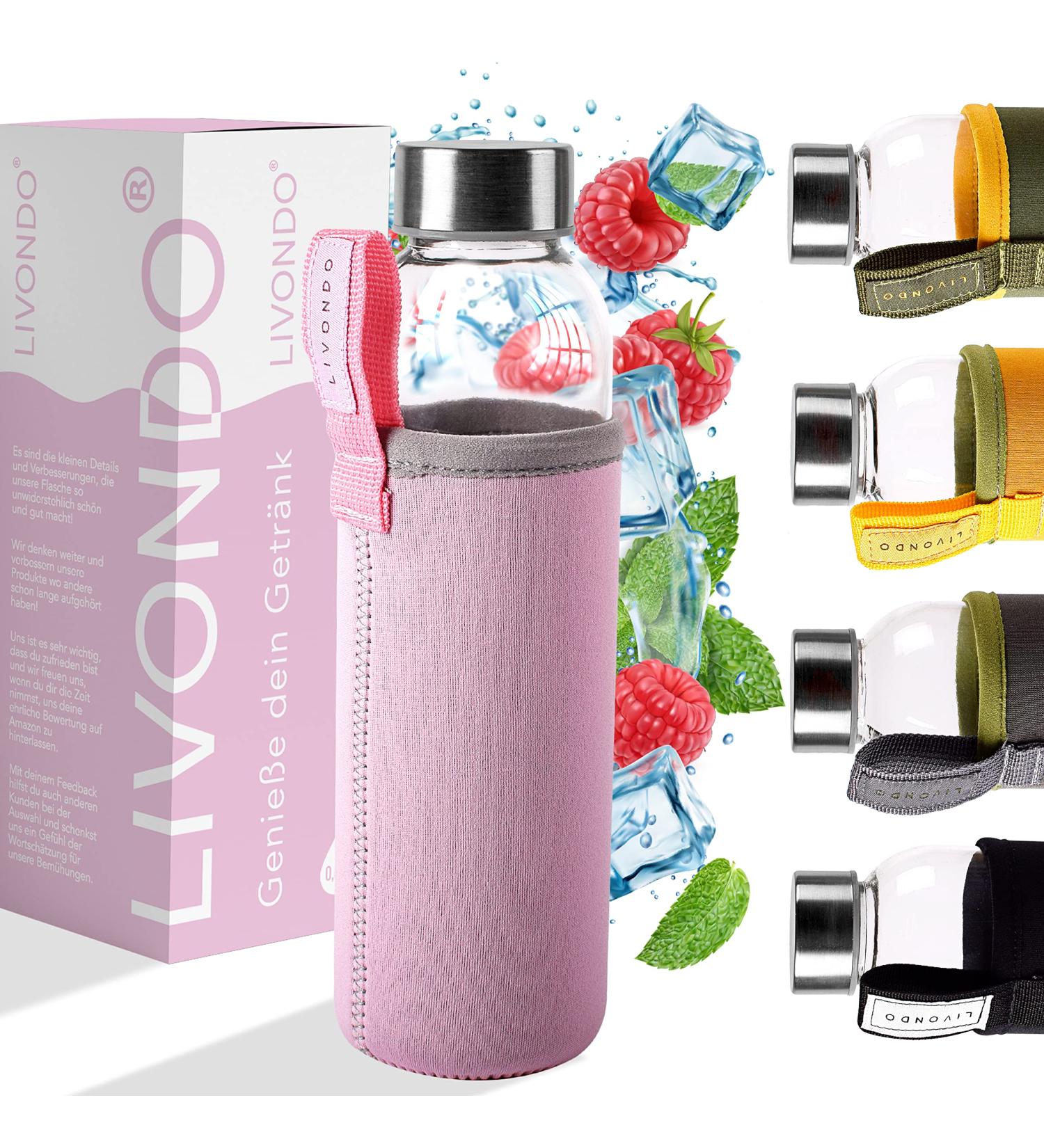 LIVONDO 0.5L Glass Drinking Bottle with Stainless Steel Cap & Neoprene Cover - Dishwasher Safe | Love - Piruette - Buy Online on GoSupps.com