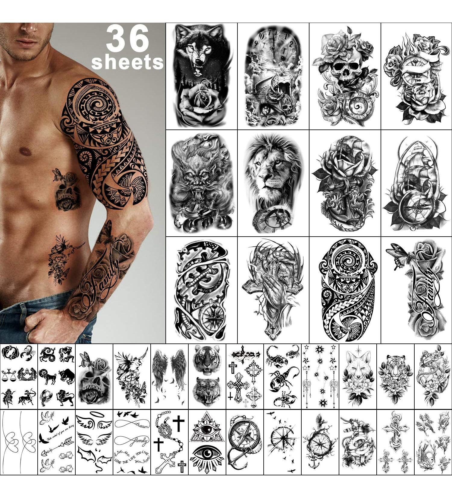 Yazhiji 36 Sheets Temporary Tattoos Stickers - 12 Arm & Chest Tattoos + 24 Tiny Black Designs for Men and Women - Buy Online on GoSupps.com