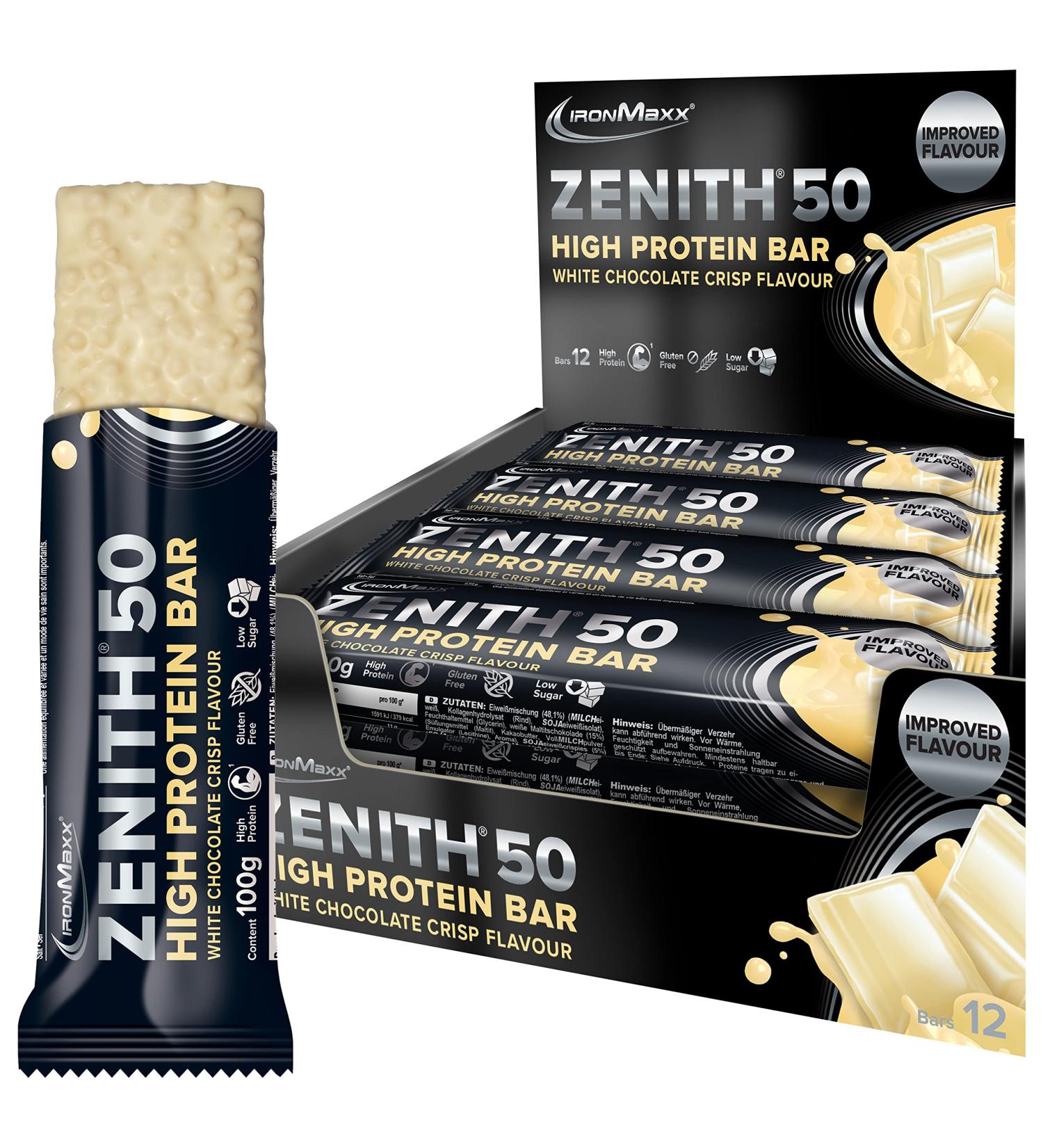 Ironmaxx Zenith 50 XL High Protein Bar - White Chocolate Crisp | 50% Protein Low Carb & Sugar | 12 x 100g - Amino Acid Packed - Buy Online on GoSupps.com