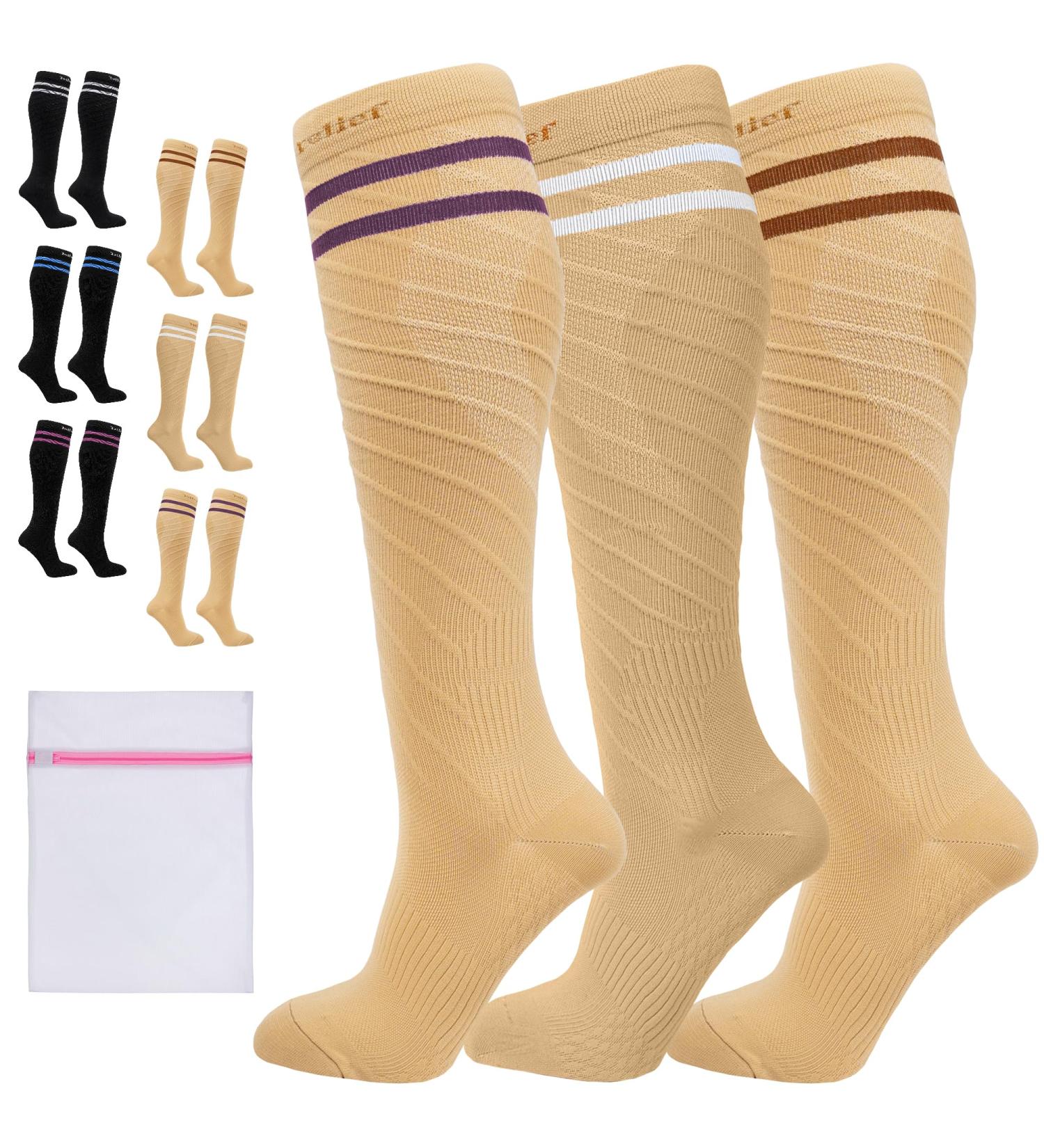 360 RELIEF - Flight Compression Socks Supports | Blood Circulation Travel Work XXL Dark Brown+White+Plum Purple - Buy Online on GoSupps.com