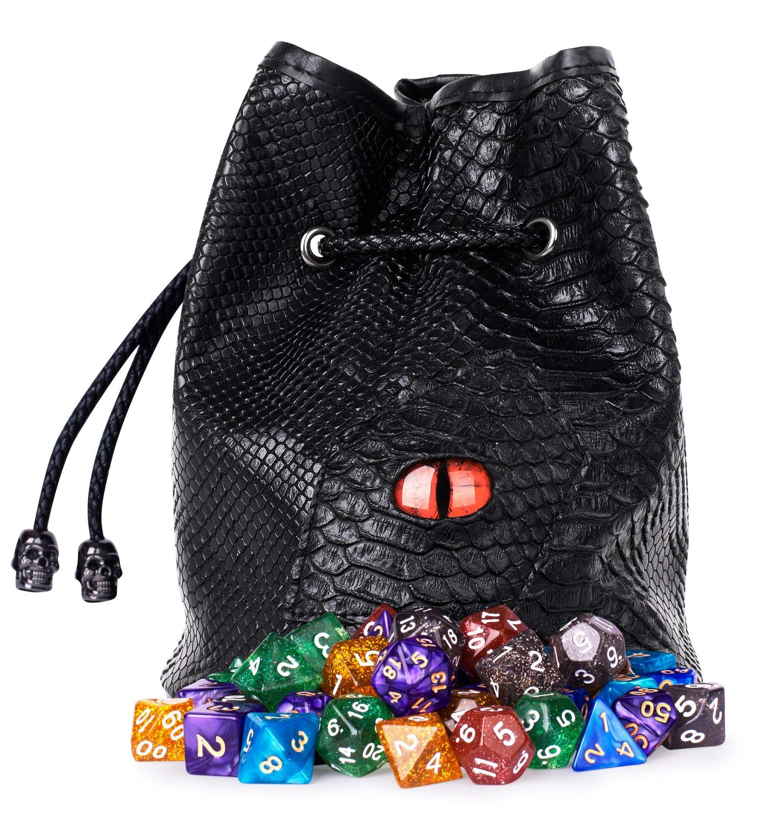 Large Dice Bag with 7 Complete Dice Sets | Black Dragon DND Dice Bag with 49 Polyhedral Dice | Green Satin Interior | Holds 150+ Dice - Buy Online on GoSupps.com