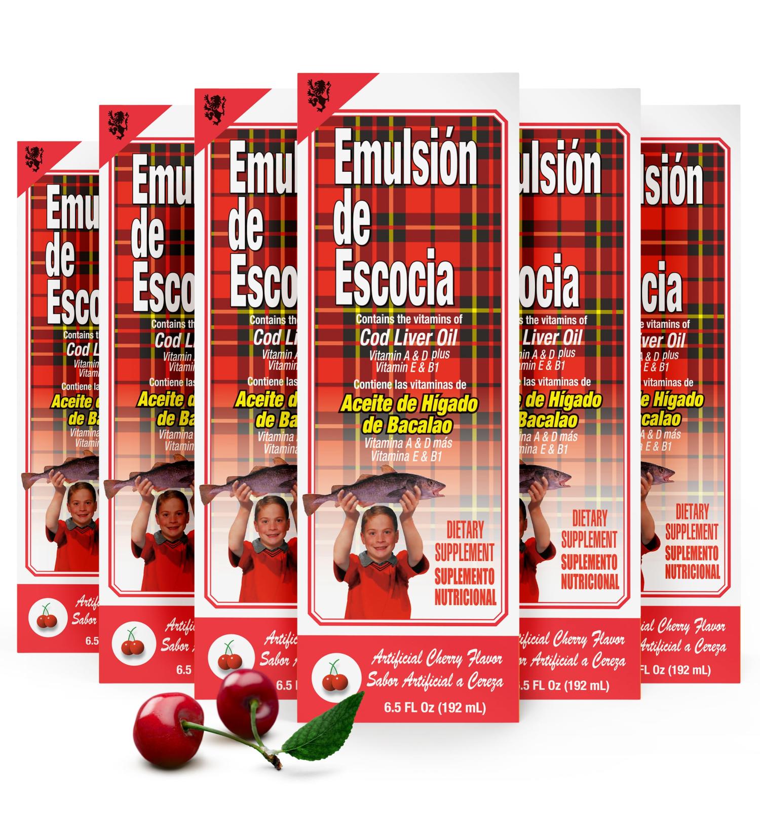 Emulsion de Escocia Cherry Flavor 6-Pack Cod Liver Oil Liquid Supplement for Kids Omega-3 Fish Oil with Vitamins A D E & B1 Immune Support & Growth for Children 6.5 Fl Oz Pack of 6 - Buy Online on GoSupps.com