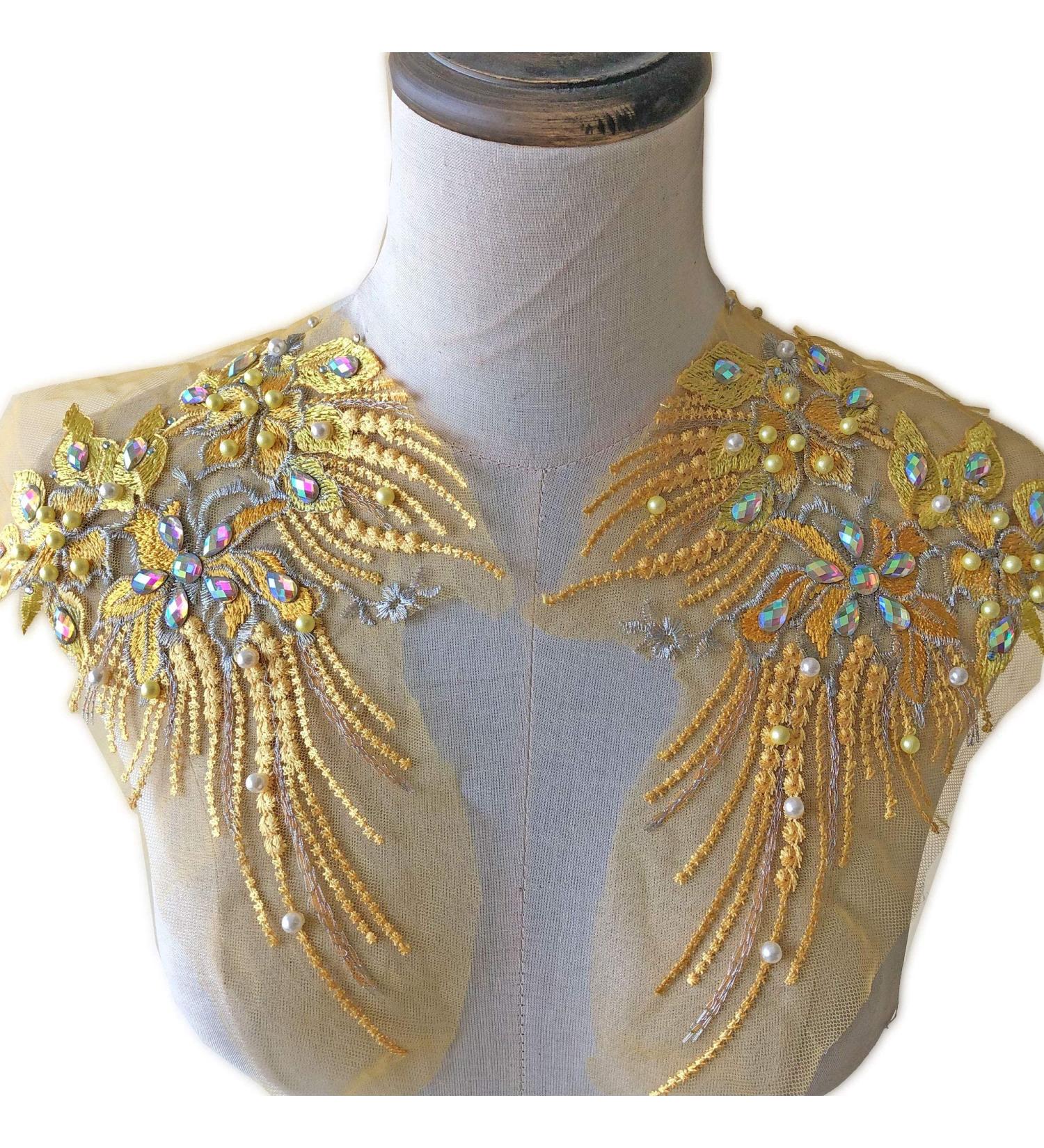 Mirror Pair Beaded Floral Lace Applique with Colorful Rhinestones, Jewelry Motif Embroidery Shoulder Patch for Party Costumes and Dance Dress in Gold - Buy Online on GoSupps.com