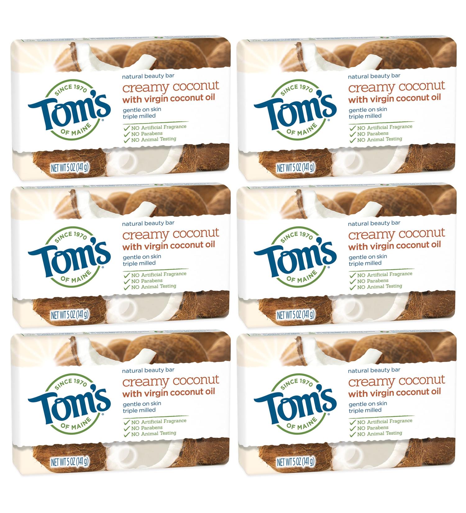 Tom's of Maine Natural Beauty Bar Soap - Creamy Coconut (5 oz, 6-Pack) with Virgin Coconut Oil - Buy Online on GoSupps.com