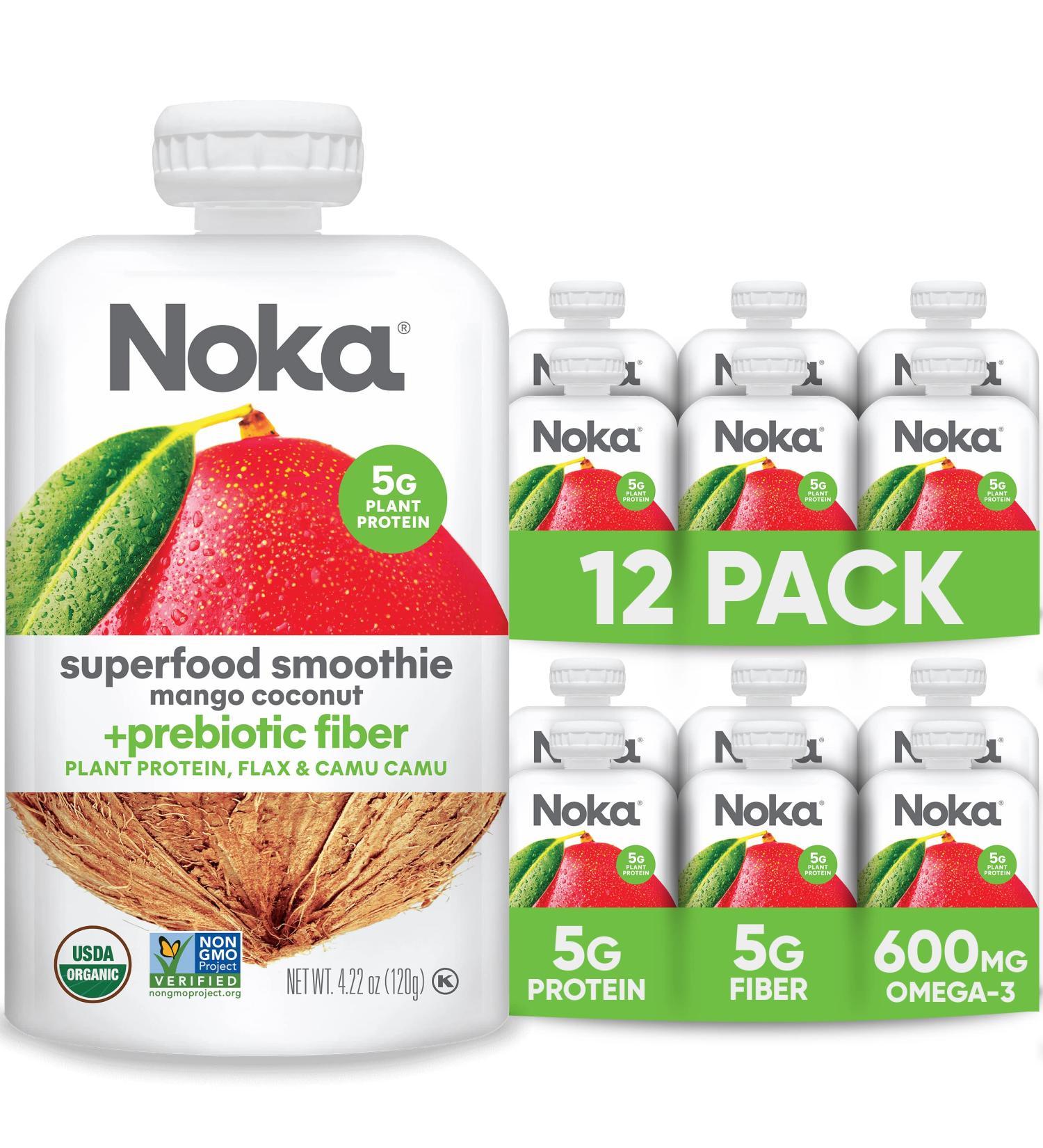 Noka Superfood Fruit Smoothie Pouches (Mango Coconut) 12-Pack - Vegan, Gluten-Free, Organic with Flax Seed, Prebiotic Fiber & Plant Protein - 4.22oz Squeeze Pouches - Buy Online on GoSupps.com