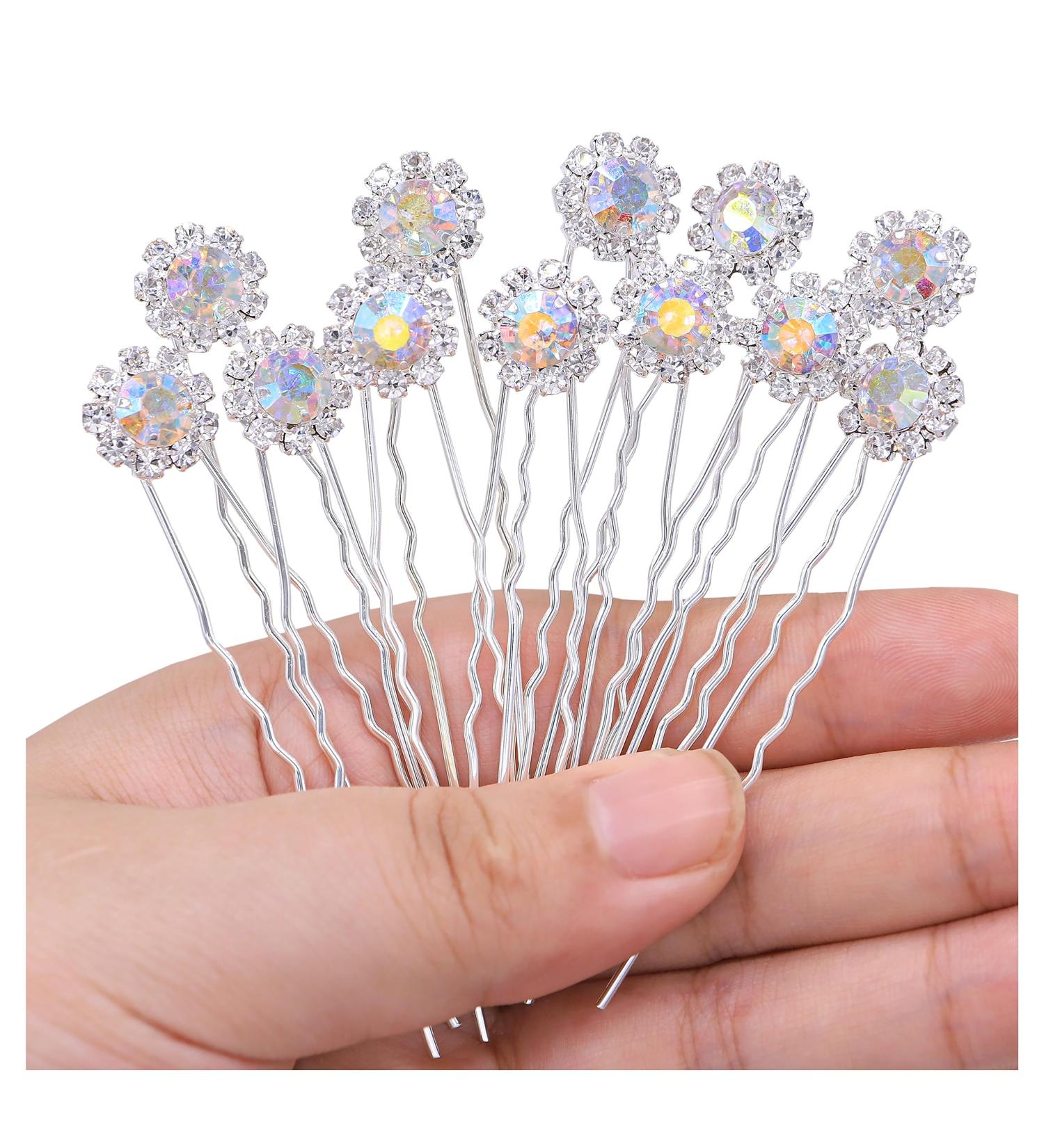 Ammei Crystal Bridal Hair Pins Clips Wedding Hair Accessories Hair Set Jewelry With Rhinestone For Brides and Bridesmaids Set Of 12 (AB Silver) - Buy Online on GoSupps.com