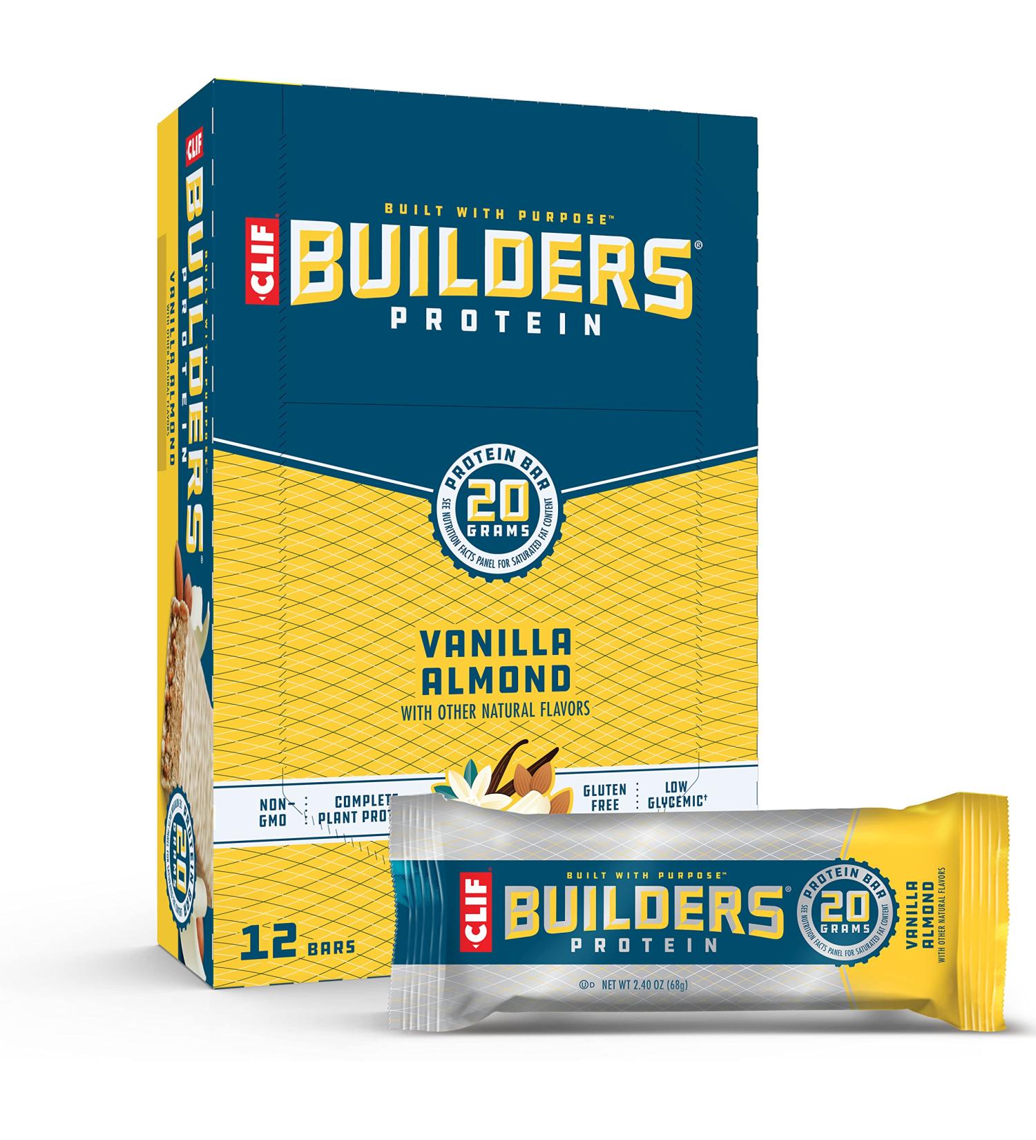 CLIF BUILDERS Protein Bars - Vanilla Almond | 20g Protein, Gluten-Free, 12 Count (2.4oz) - Buy Online on GoSupps.com