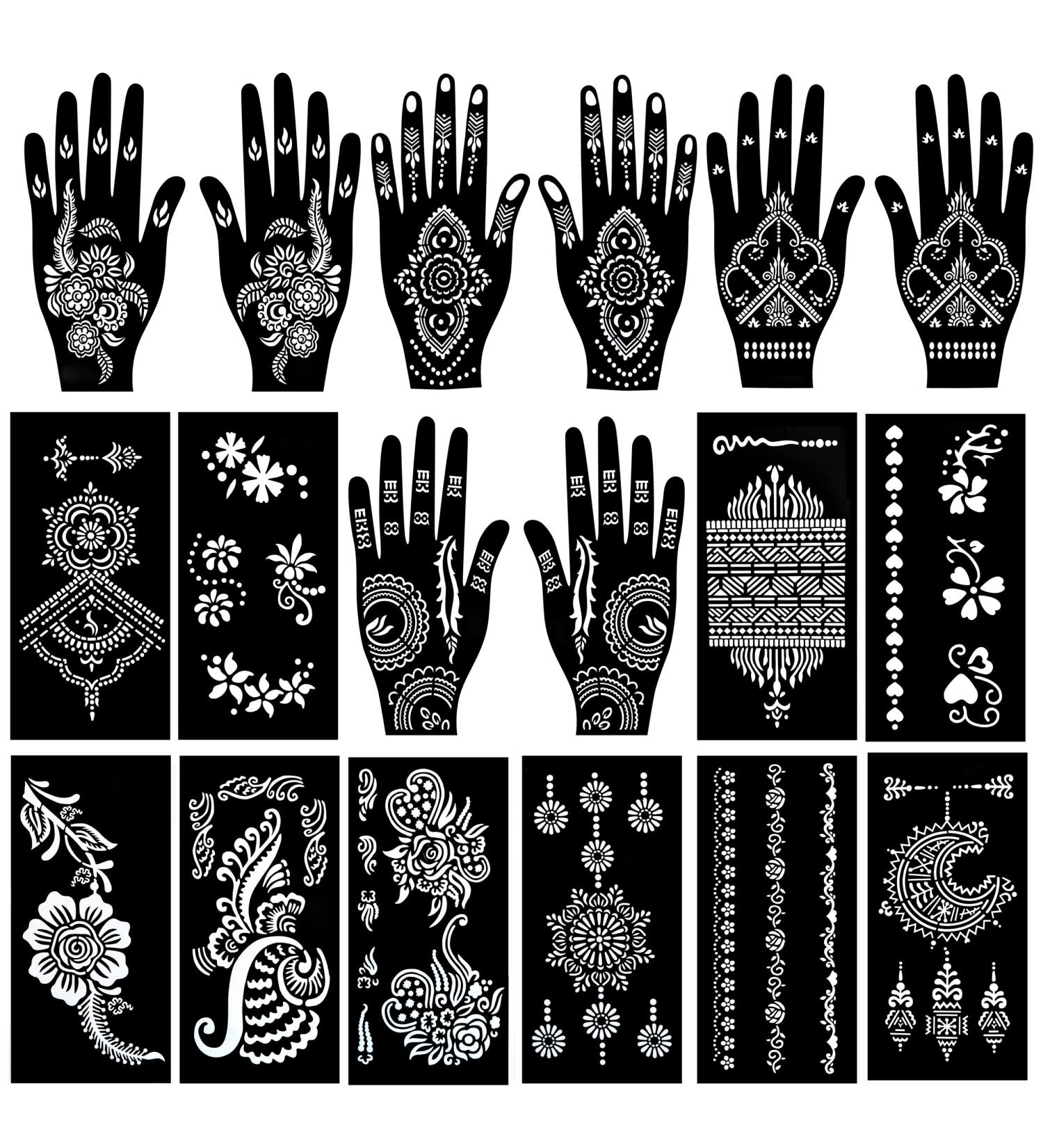 PADOUN 18 Sheets Henna Tattoo Stencils Kit - Hand, Forearm, Glitter, Airbrush, DIY & Temporary Tattoo Templates - Reusable Henna Stencils for Hands - Buy Online on GoSupps.com