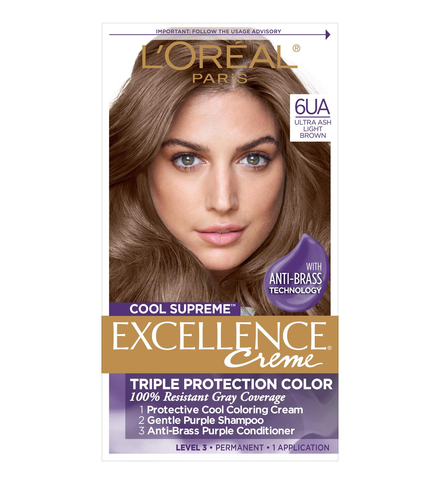 L'Oreal Paris Excellence Cool Supreme Ash Hair Color 100% Gray Coverage Dye with Anti-Brass Shampoo & Conditioner - 6.11 Ultra Light Brown - 1 Count - Buy Online on GoSupps.com