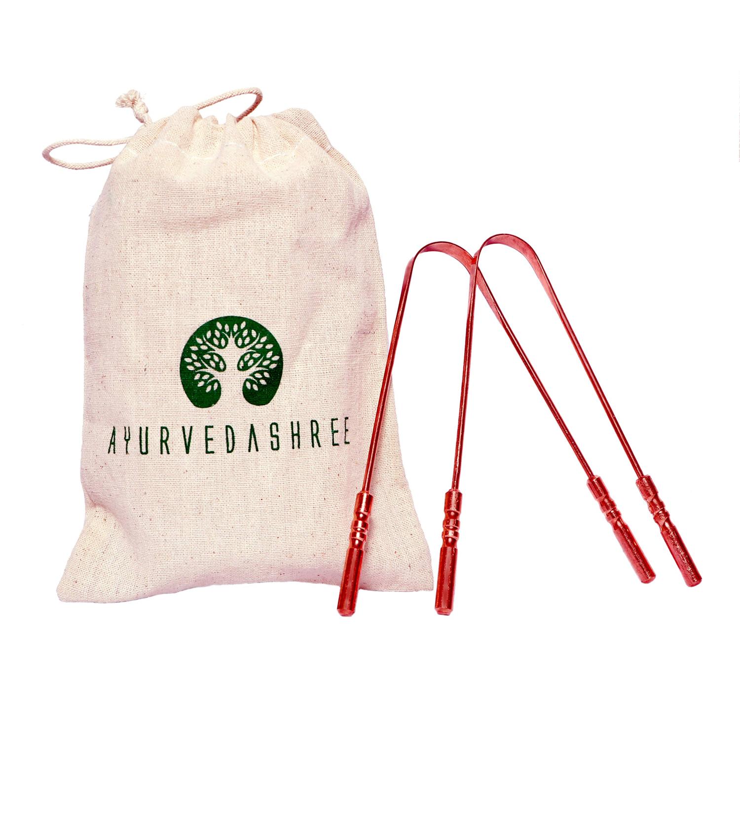 AYURVEDASHREE Copper Tongue Cleaners - Premium Grade with Comfort Grip - Set of 2 Scrapers + Travel Bag - Buy Online on GoSupps.com