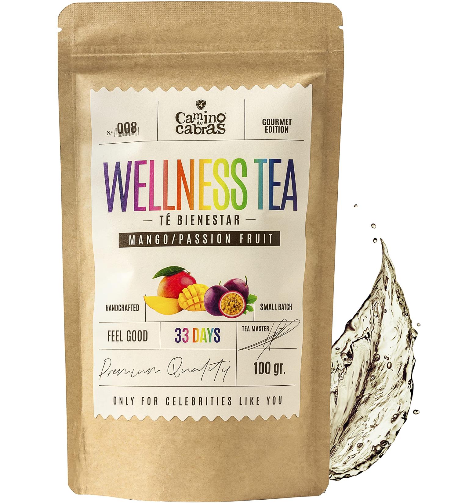 Wellness Tea 100g - Stress Relief & Anxiety Detox - Anti Inflammatory Diet - Green Tea Turmeric Ginger Spirulina Mango Passion Fruit Papaya - Buy Online on GoSupps.com