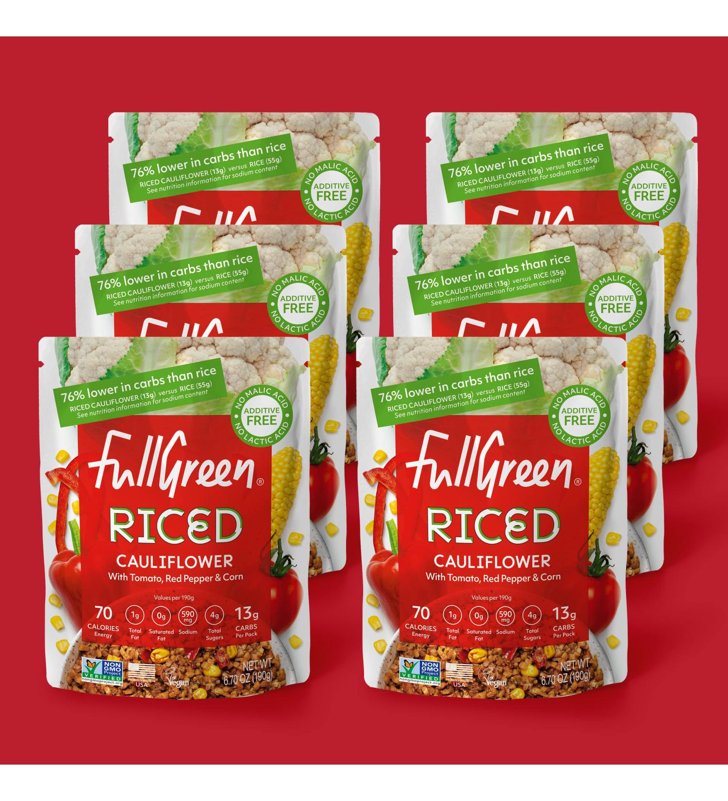 Fullgreen Riced Cauliflower with Tomato Red Pepper & Corn - Keto-Friendly, Non-GMO, Preservative-Free (6 Pack) - Buy Online on GoSupps.com