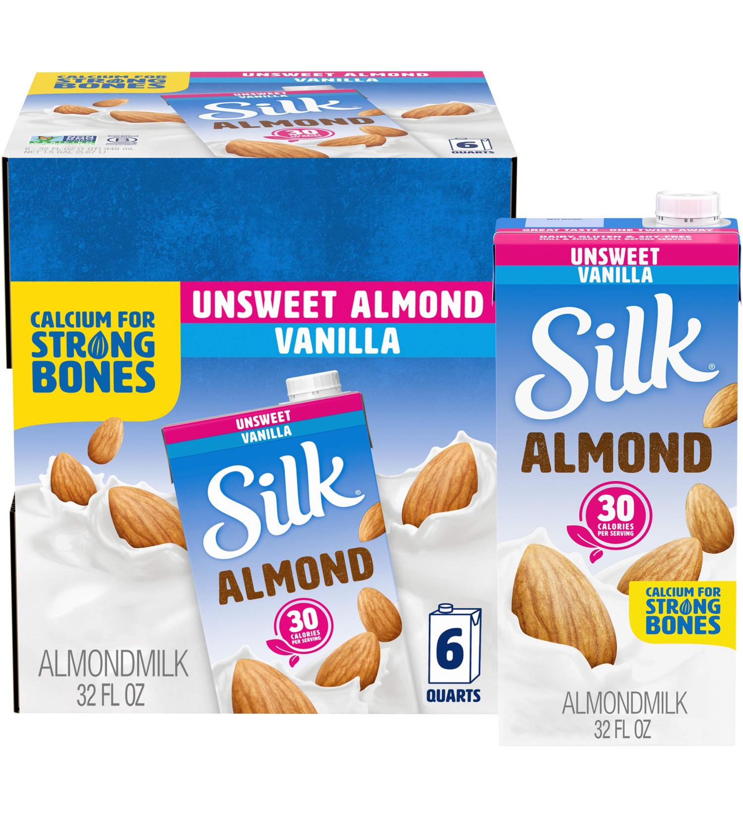Silk Unsweetened Vanilla Almond Milk - Dairy-Free, Vegan, Non-GMO - 1 Qt (Pack of 6) - Buy Online on GoSupps.com