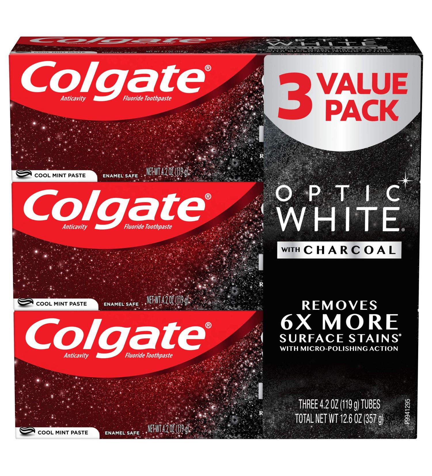 Colgate Optic White Charcoal Teeth Whitening Toothpaste - Cool Mint, 3 Pack (4.2 oz each) - Buy Online on GoSupps.com