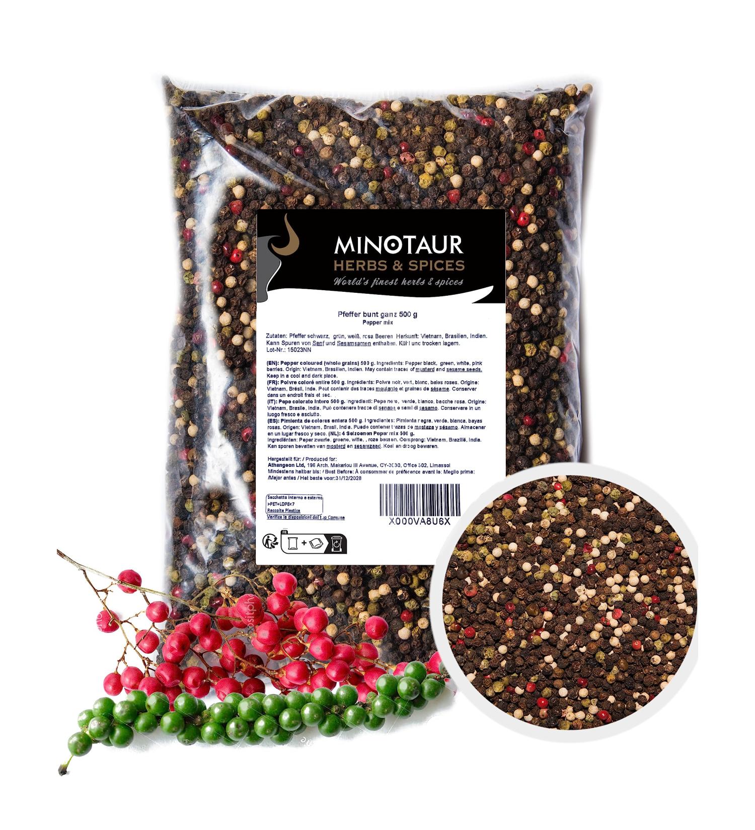 Minotaur Spices | Poivre color entier | 2 x 500 g (1 kg) | Poivre 4 baies m lange de grains noirs blancs verts et roses - Buy Online on GoSupps.com