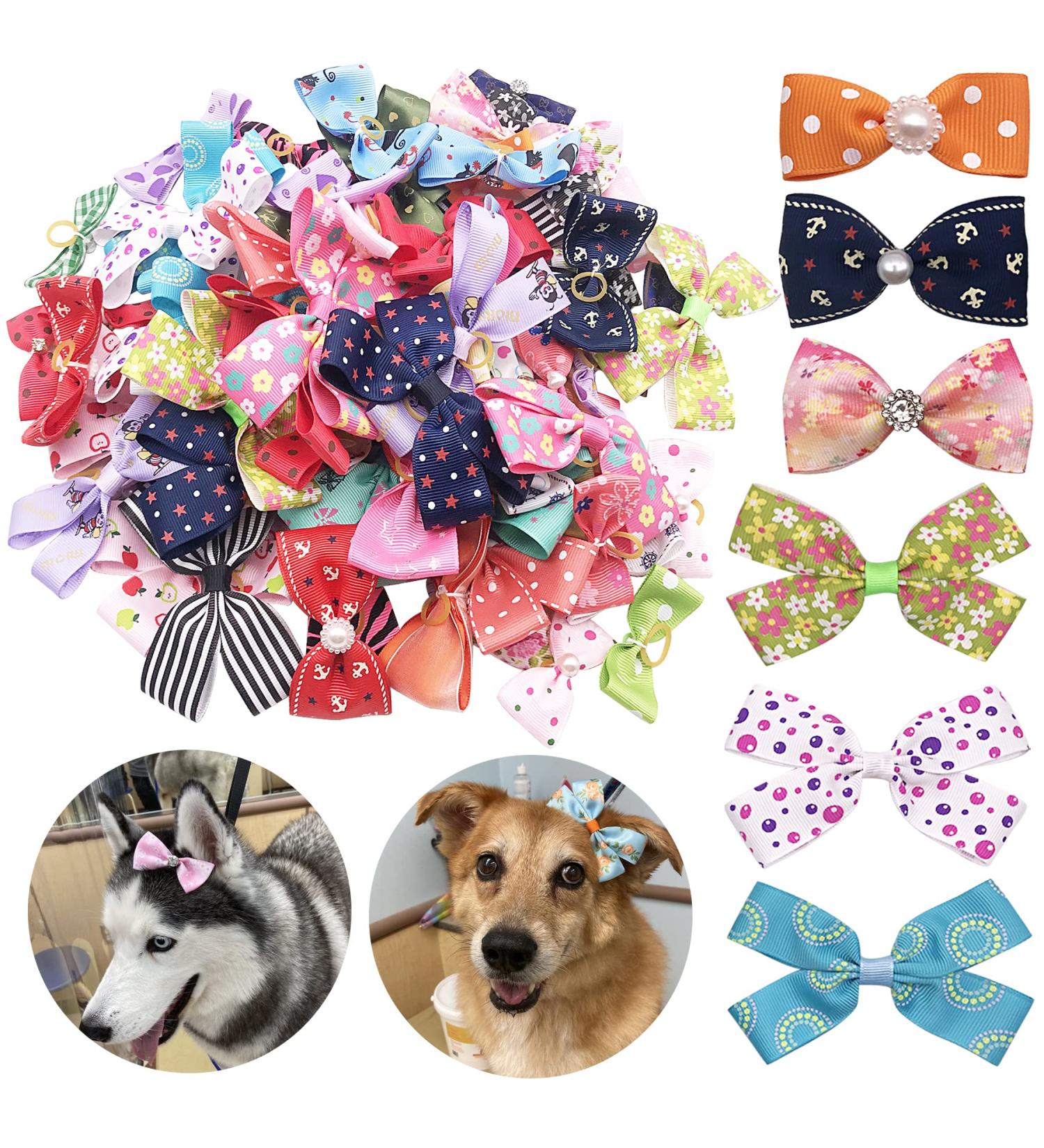 Pet Show Big Dog Hair Bows - 20 Pairs for Small to Large Dogs and Cats | Rhinestone Floral Bowknot Grooming Accessories with Rubber Bands - Pink, Blue - Buy Online on GoSupps.com