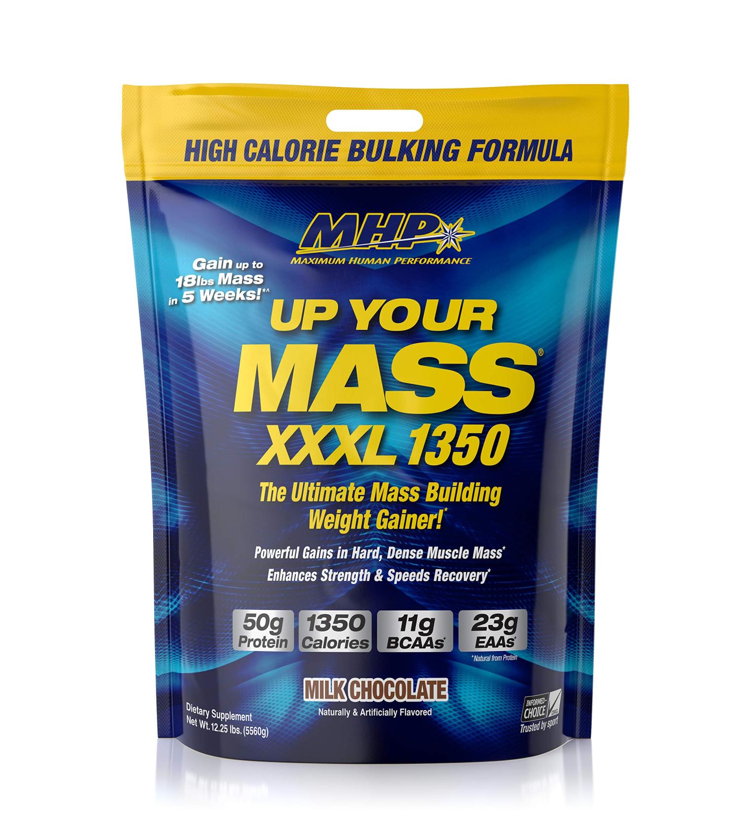 MHP UYM XXXL 1350 Mass Building Weight Gainer Muscle Mass Gains w/50g Protein High Calories 11g BCAAs Leucine Milk Chocolate 16 Servings Milk Chocolate 12.25 Pound (Pack of 1)