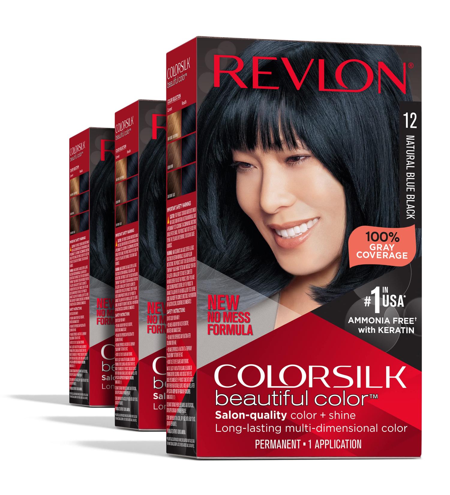 Revlon Colorsilk Permanent Black Hair Dye - Pack of 3 | Ammonia-Free | 100% Gray Coverage | Keratin, Amino Acids | 12 Natural Blue Black - Buy Online on GoSupps.com