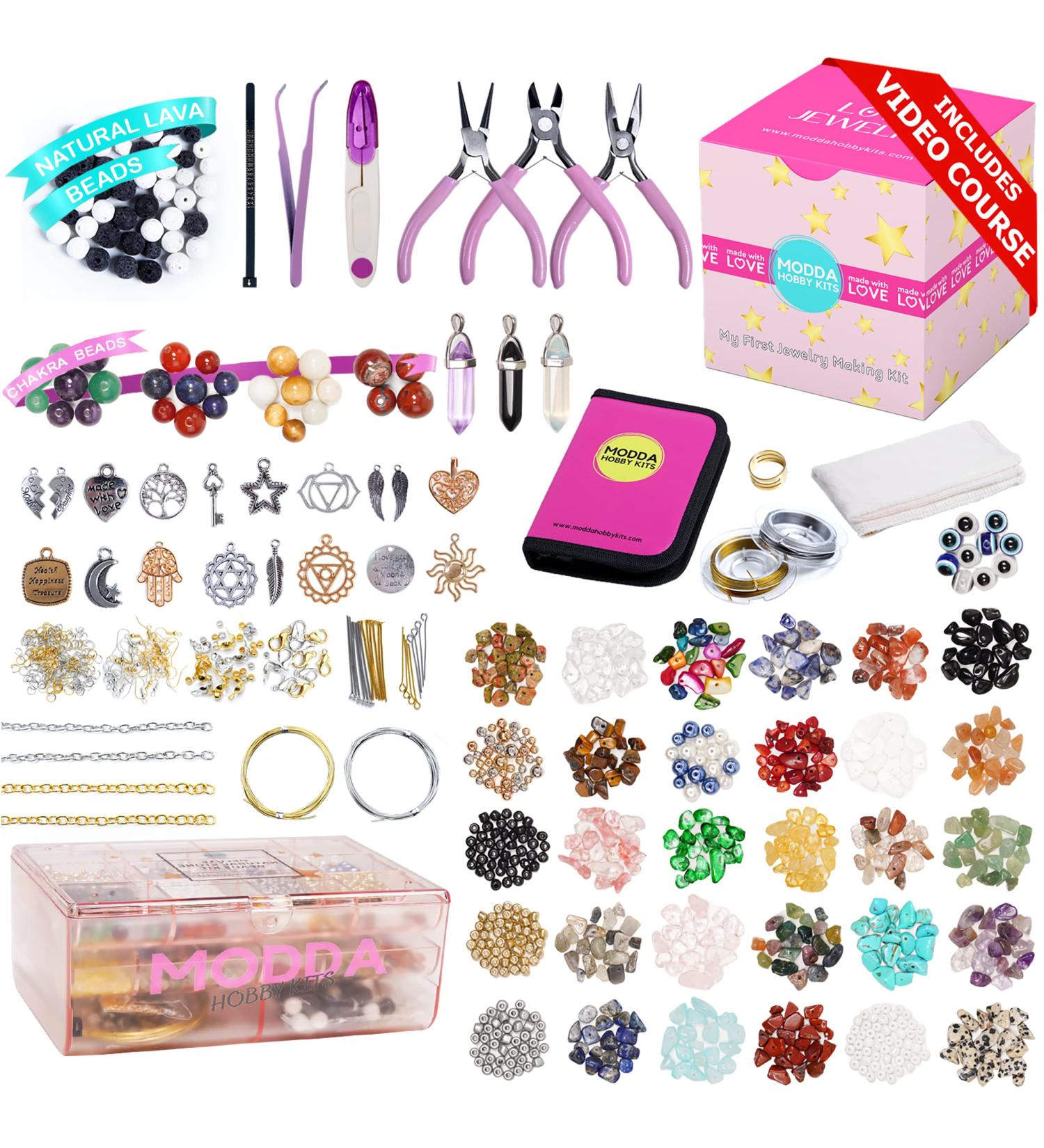 MODDA Natural Stone Jewelry Making Kit with Video Course - Crystal, Lava, Chakra Beads for Necklace, Bracelet, Earrings, Ring - Supplies for Crafts - Beginner and Adult DIY Gift - Buy Online on GoSupps.com