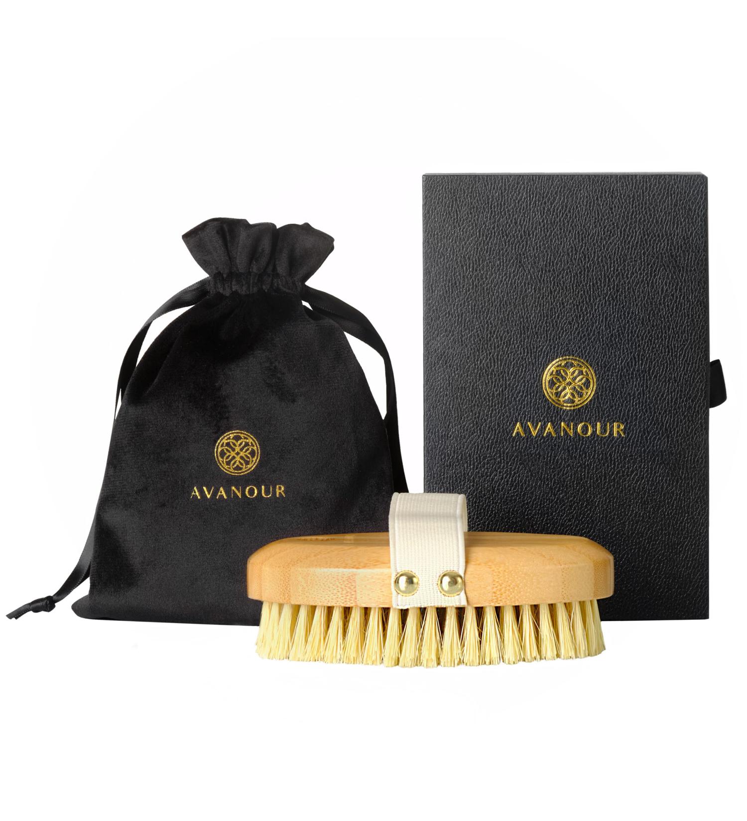 Avanour Vegan Dry Brush Set | Plastic-Free Body Brush with Natural Bristles | Gift Box & Velvet Travel Bag | Includes Dry Brush Guide - Buy Online on GoSupps.com