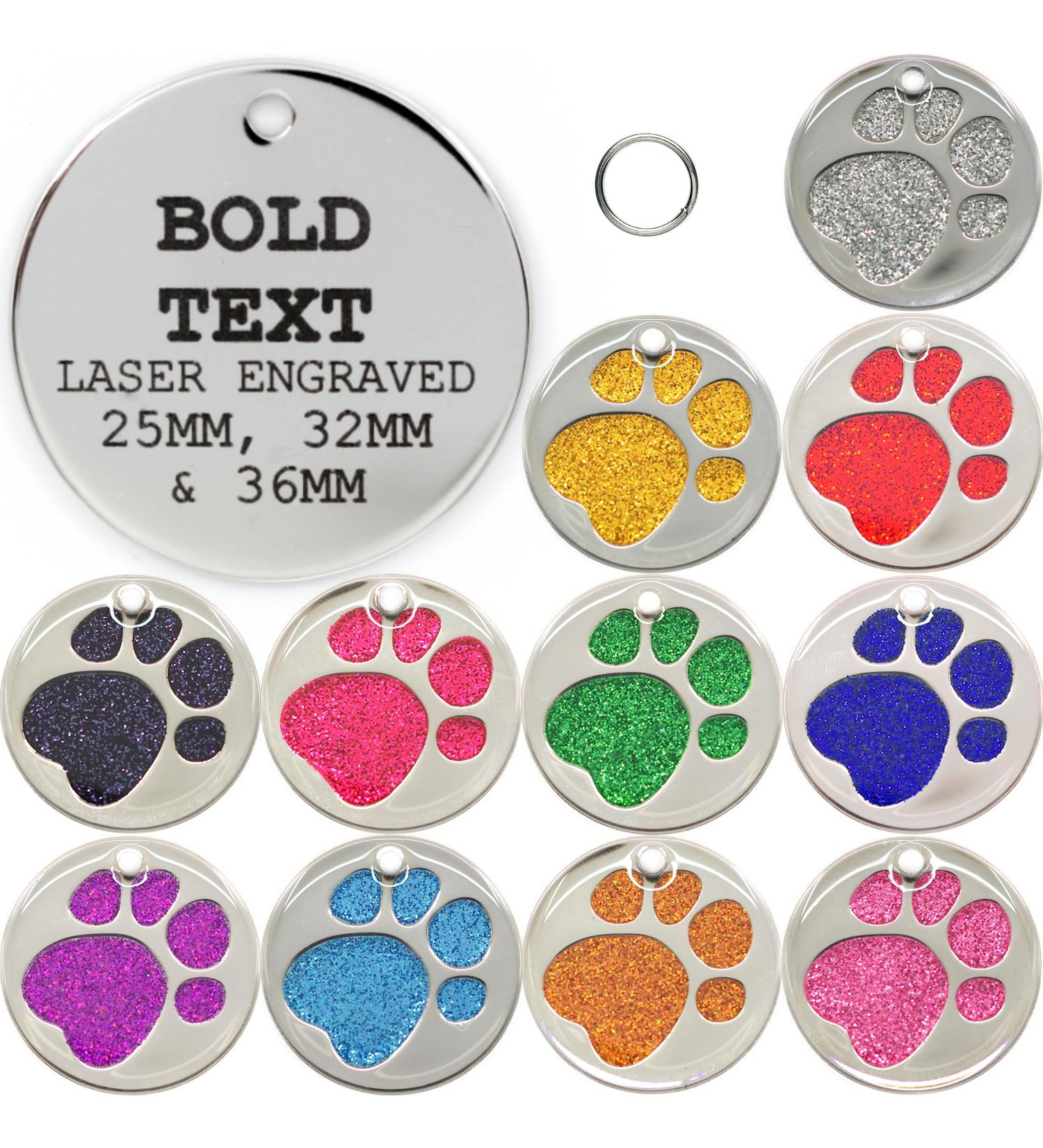 Personalised Engraved 25 32 & 36mm Glitter Paw Print Pet Tag. Bold Contrasting Text. Small Large & Very Large CAT/Dog ID Tags (Red 32mm (Medium & Large Dogs)) 32mm (medium & large dogs) Red - Buy Online on GoSupps.com
