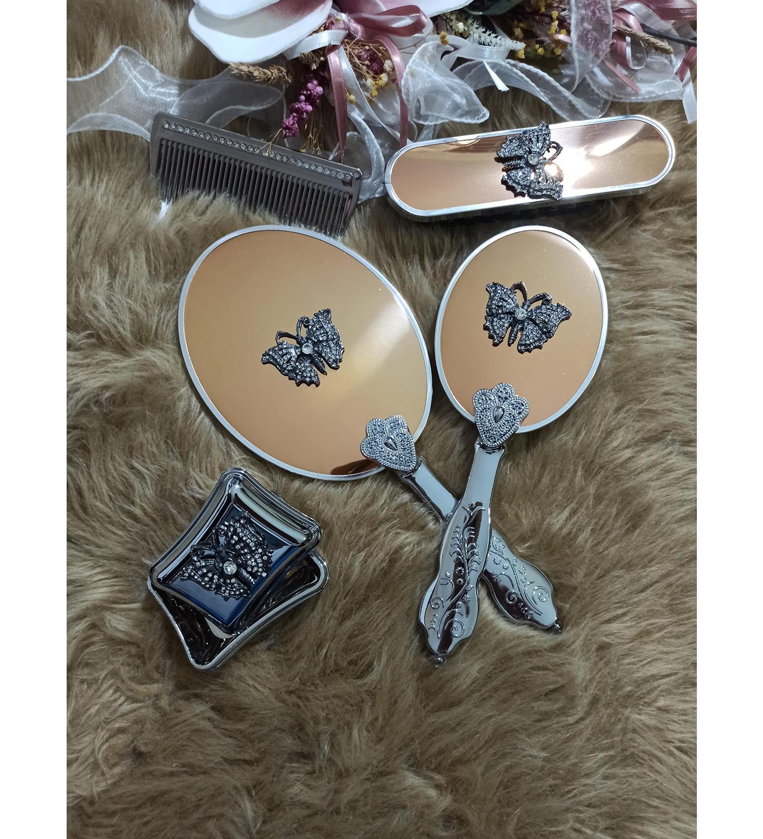 Vintage Antique Makeup Vanity Mirror Comb Hair Brush Set | Gold Hand Face Beauty Mirror | Antique Vanity Set - Buy Online on GoSupps.com