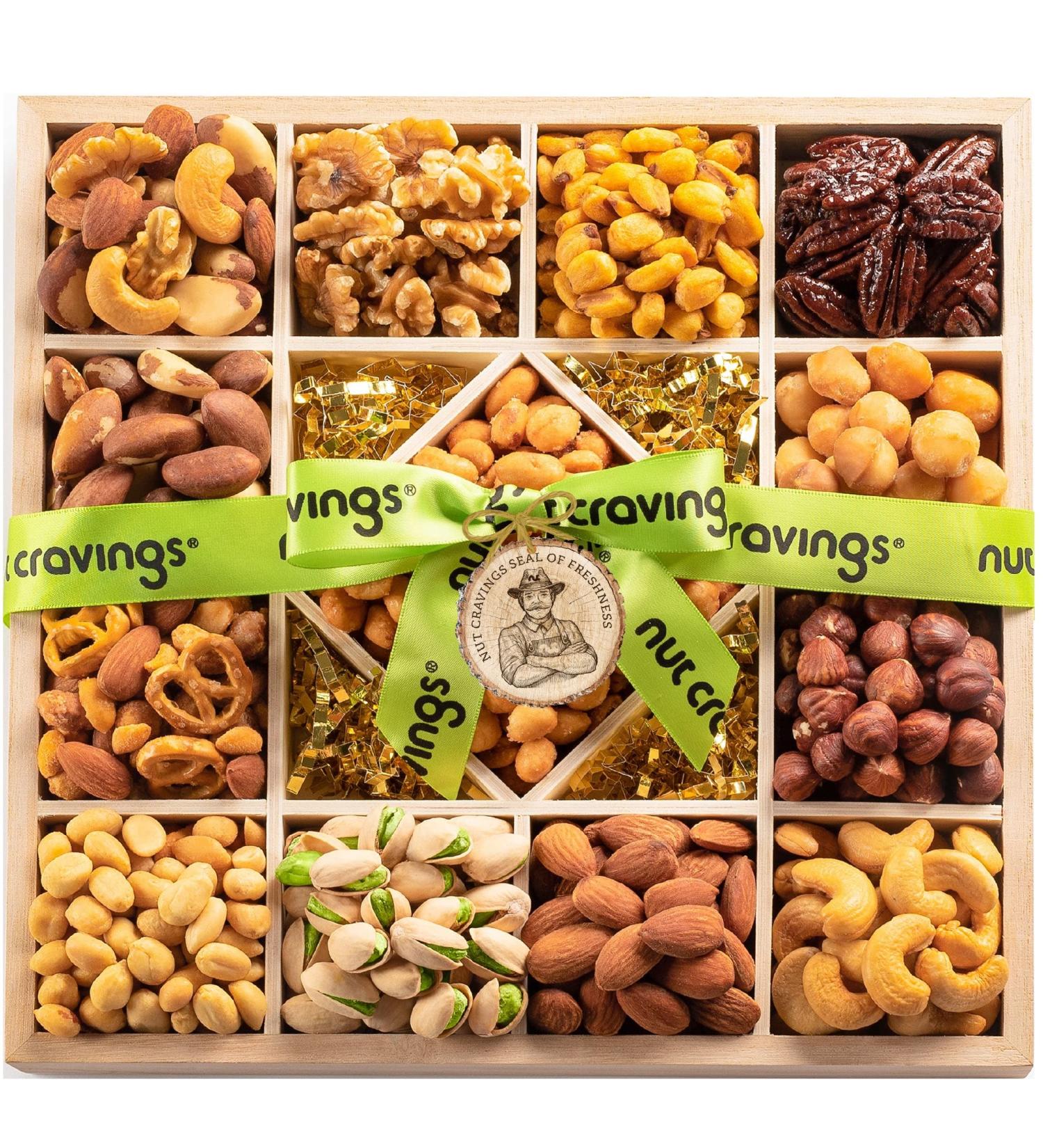 Nuts Gift Basket in Reusable Wooden Tray + Green Ribbon (13 Assortments) Holiday Christmas Gourmet Bouquet Arrangement Platter  Birthday Care Package  Healthy Food Kosher Snack Box - Adults Men Women - Buy Online on GoSupps.com