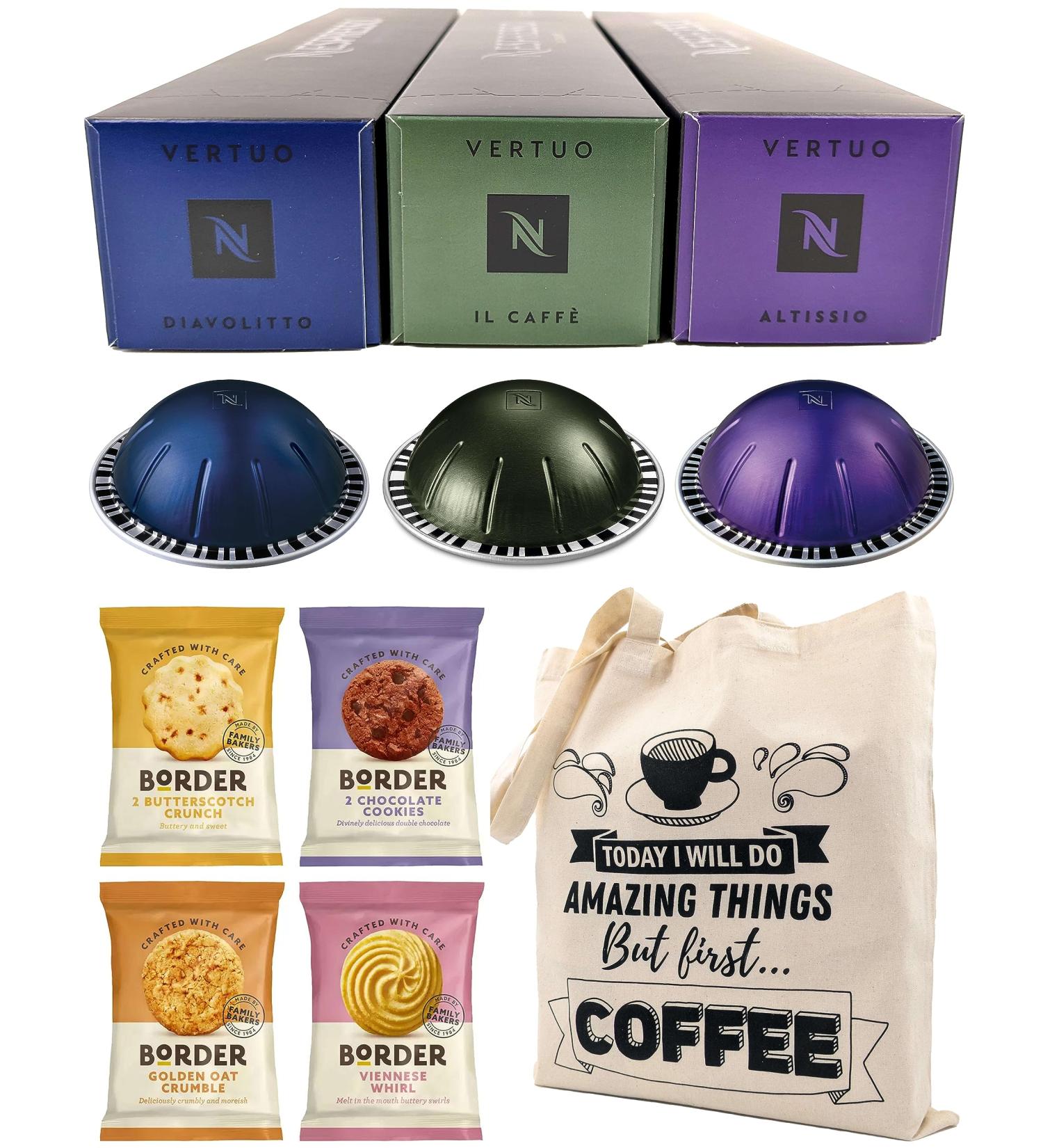 Nespresso Vertuo Coffee Capsules Intense Espresso Selection - Altissio Diavolitto Il Caff - 3 Boxes (30 Pods) Bundled with Border Biscuits & Giftable Tote Bag - Buy Online on GoSupps.com