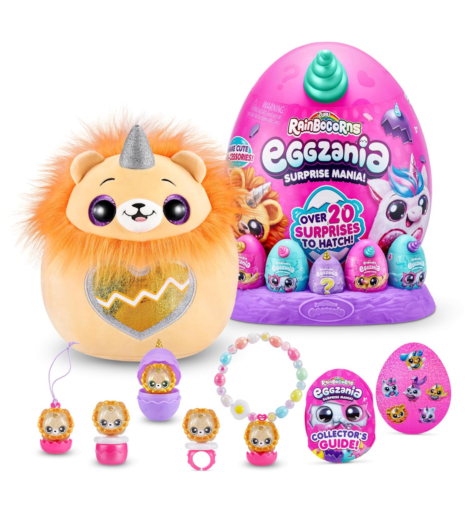 Rainbocorns Eggzania Surprise Mania Roary the Lion - Collectible Plush with over 20 Surprises - 28cm Cuddle Plush Stuffed Animal with Rings, Bracelets, Stickers, and Wearable Accessories - Buy Online on GoSupps.com