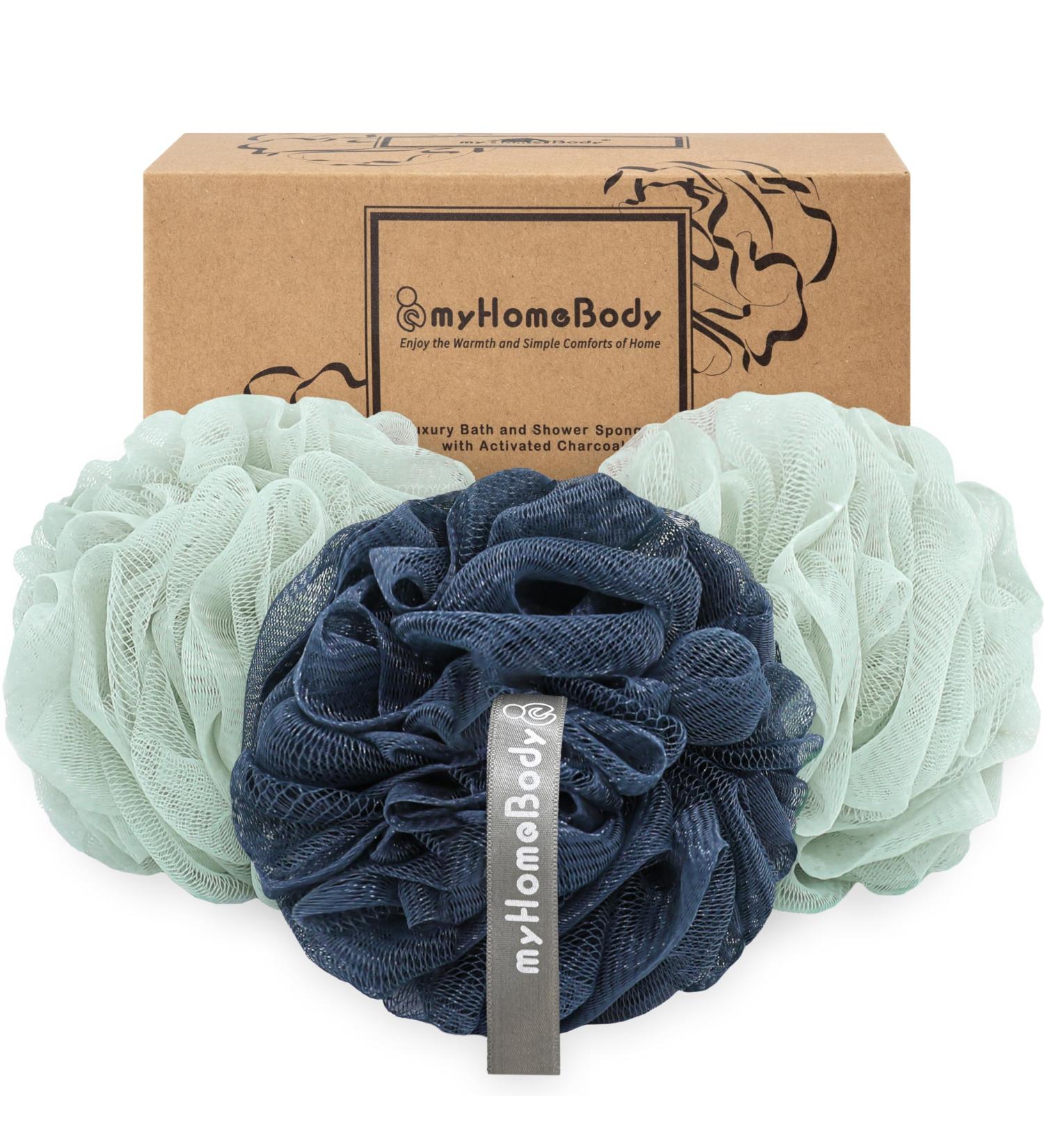Buy Myhomebody Large 70g Luffashwamm - Gentle Peeling Body Scrubber & Shower Sponge with Activated Carbon - 3 Pack Sea Foam Green & Navy Blue - Buy Online on GoSupps.com