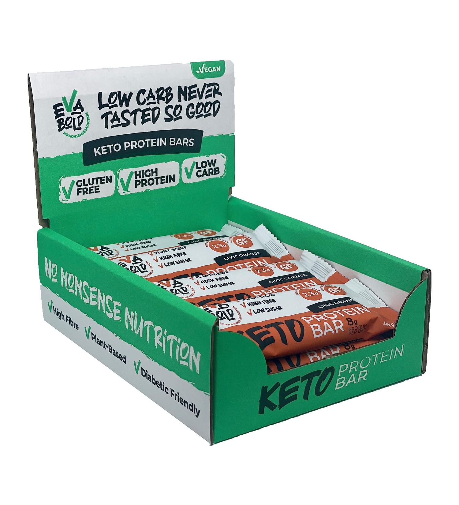 Eva Bold Chocolate Orange Keto Protein Bars 12 x 40g - Only 2.3g Net Carbs - Healthy Snacks for Low Carb, Gluten Free, Vegan, Dairy Free, & Diabetic Diets - Buy Online on GoSupps.com