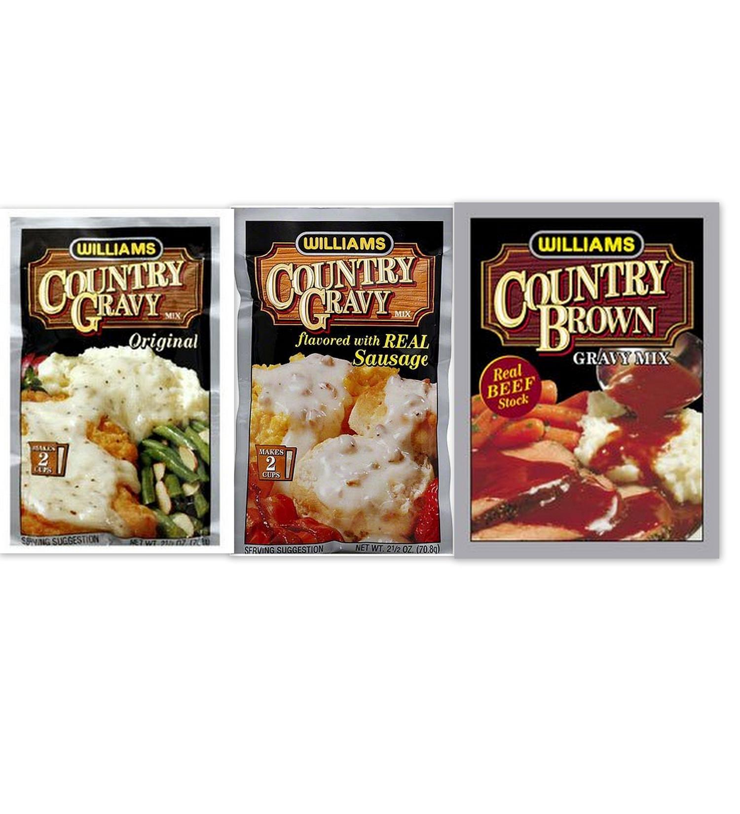 Williams Country Gravy Variety Bundle - 2-Pack Sausage Flavored Mix + 2-Pack Original + 2-Pack Brown Mix - 2.5 oz & 1 oz - Buy Online on GoSupps.com