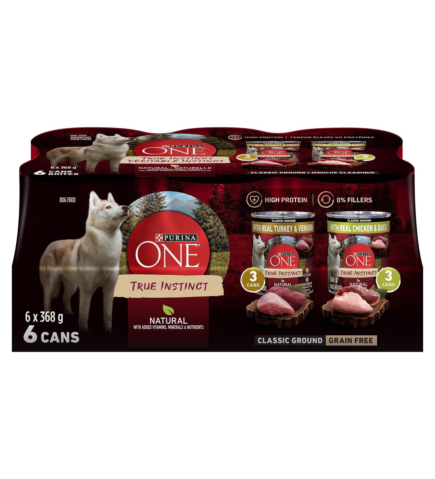 Purina ONE Classic Ground True Instinct Wet Dog Food Variety Pack 2 Flavours - 368 g Can (6 Pack) - Buy Online on GoSupps.com