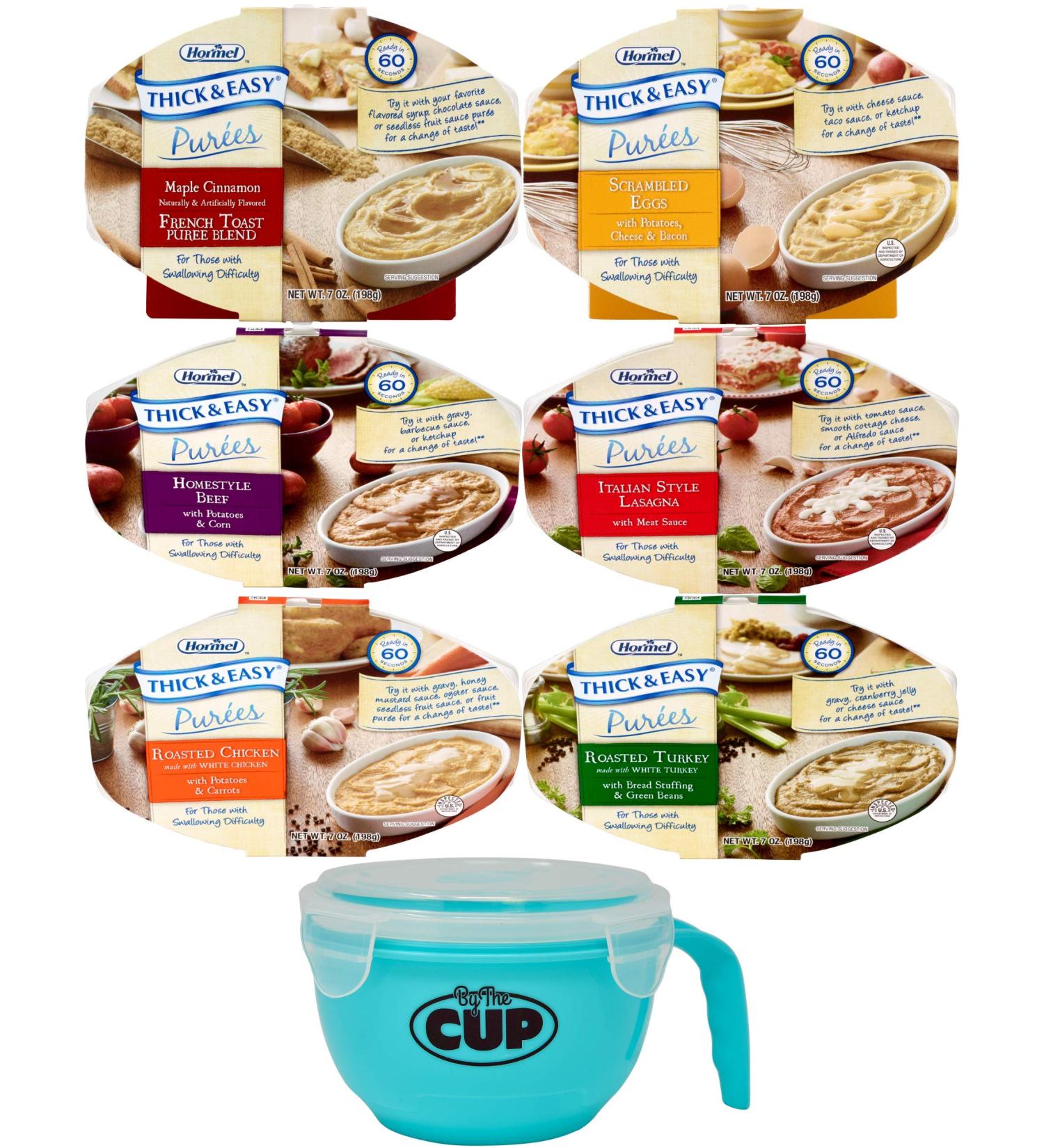 Thick & Easy Pureed Meals Variety with Scrambled Eggs, French Toast, Roasted Chicken, Beef, Lasagna, and Roasted Turkey - Includes By The Cup Serving Bowl - Buy Online on GoSupps.com