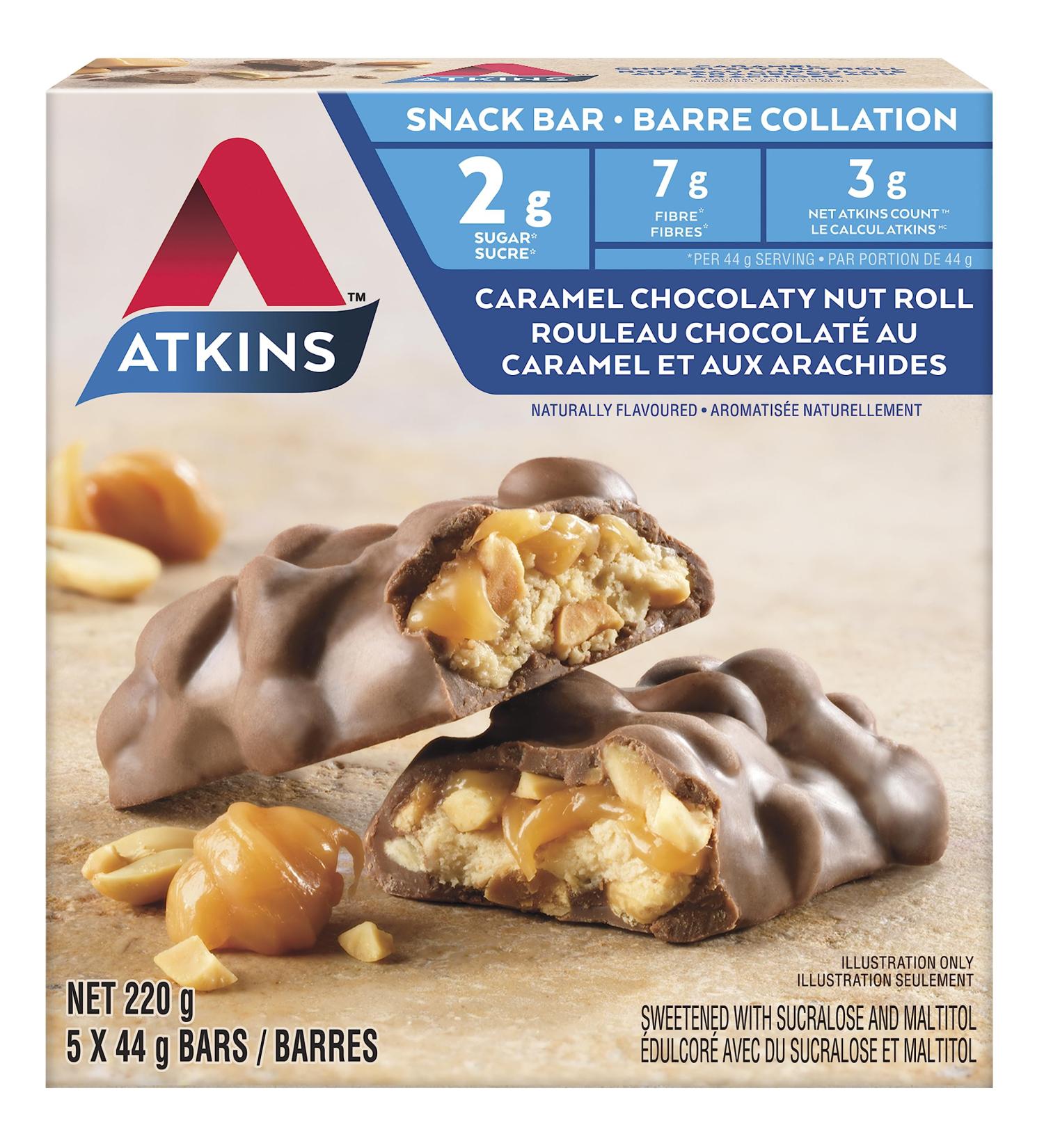 Atkins Snack Bars - Caramel Chocolaty Nut Roll Low Sugar Keto-Friendly High Fibre 2g Sugar 3g Carbs 5ct - Buy Online on GoSupps.com