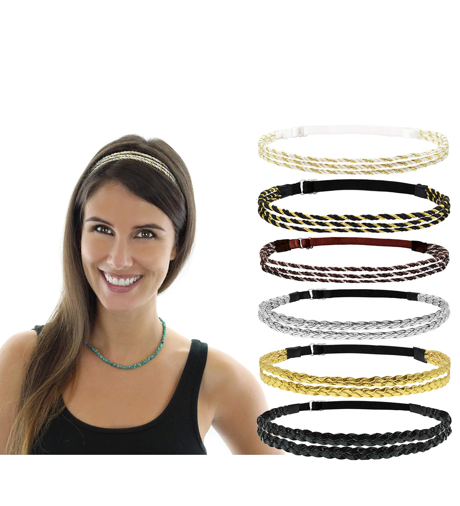 Beaute Galleria 6-Piece Adjustable Elastic Braided Headbands - Gold Silver Hair Accessories for Hippie Boho Style - Buy Online on GoSupps.com