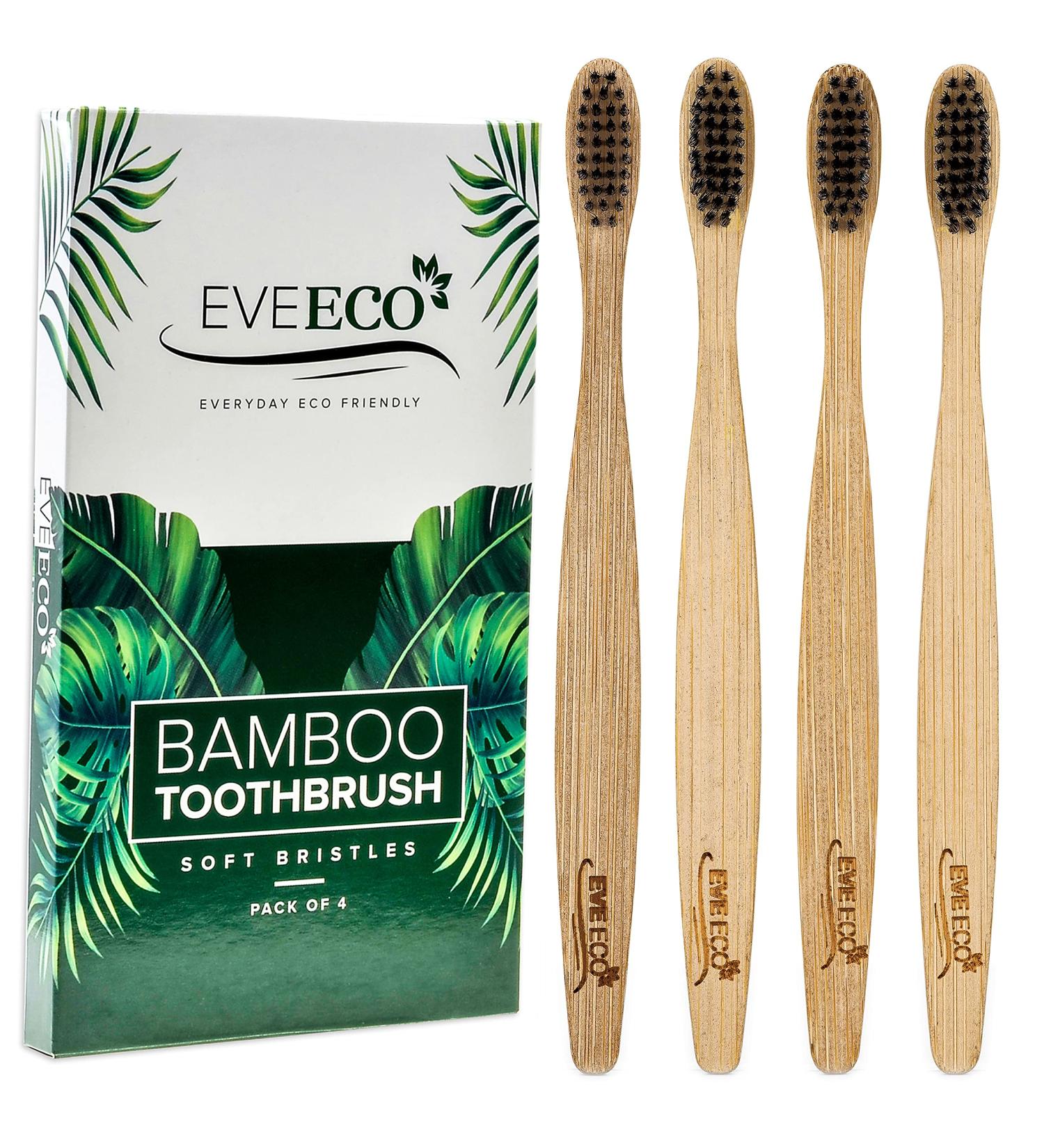 EveEco Bamboo Toothbrush 4 Pack - Soft Bristles for Sensitive Gums, Charcoal Infused, Vegan, Natural Wood, BPA Free, Recyclable, Compostable, Biodegradable - Eco-Friendly - Buy Online on GoSupps.com