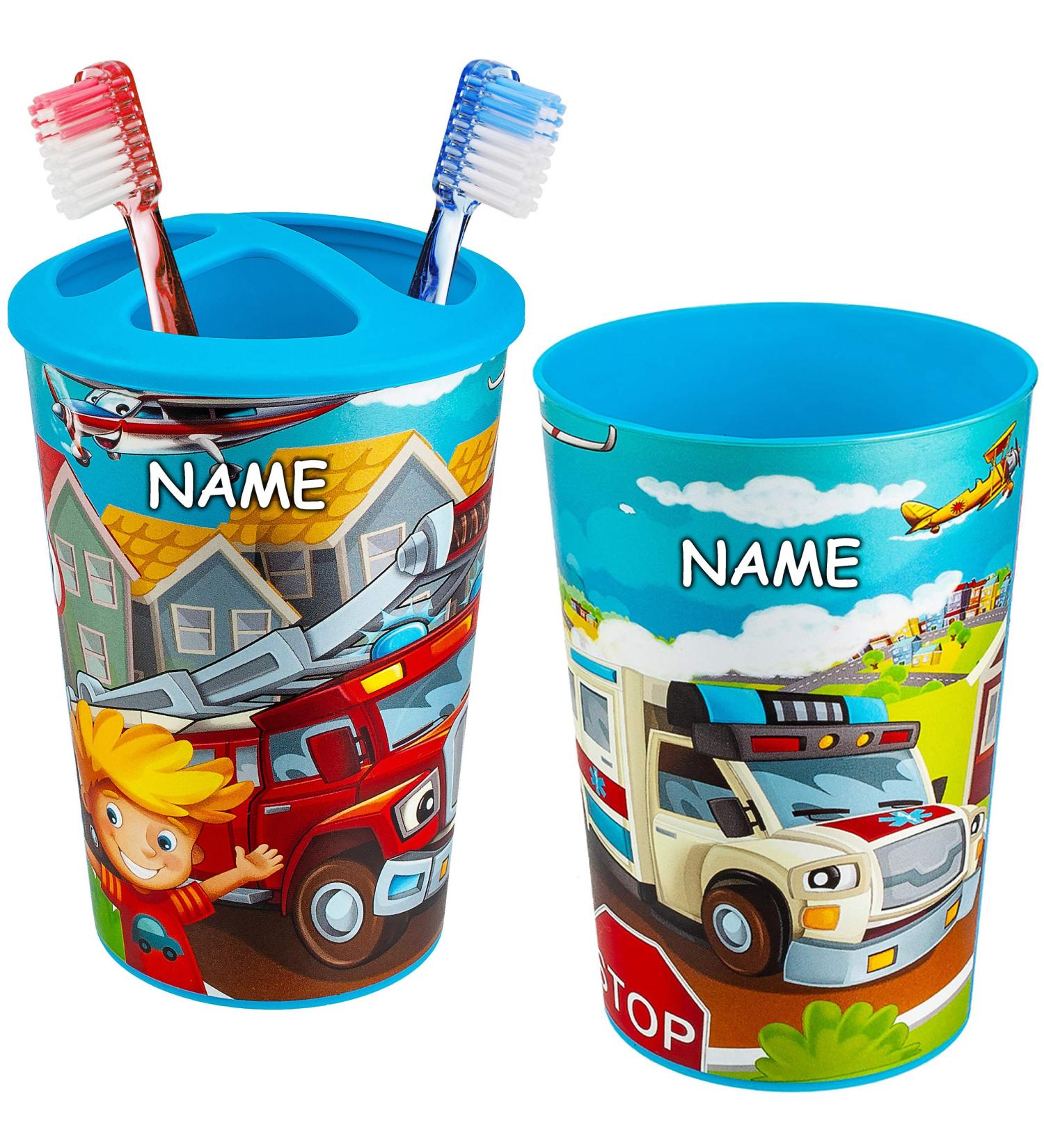 Shop alle-meine.de GmbH Bathroom Set - Custom Toothbrush Holder & Children's Cup - Vehicle & Fire Brigade Design - Perfect for Kids' Toothbrushes! - Buy Online on GoSupps.com