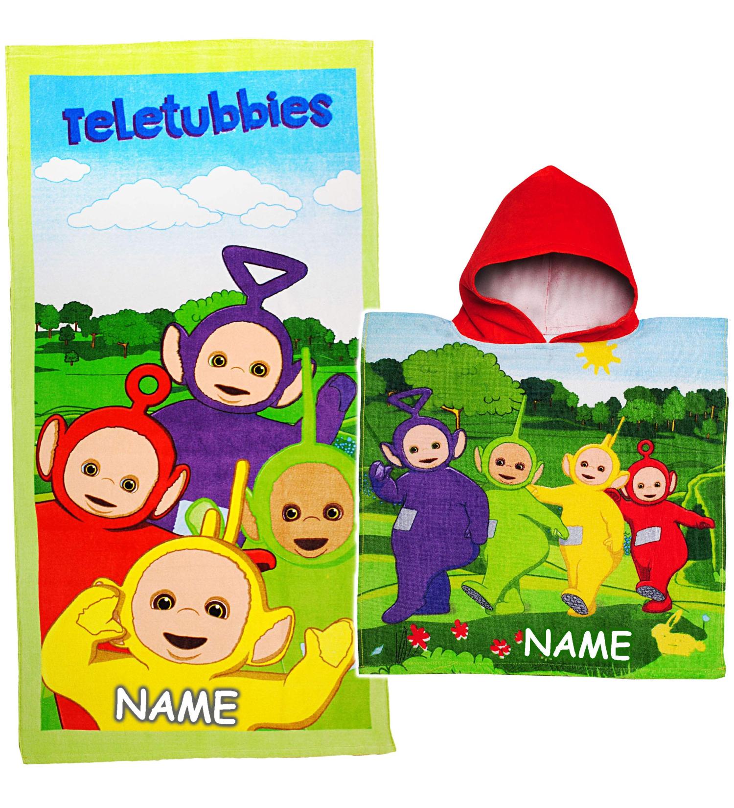 Teletubbies 2-Piece Bath & Beach Towel Set with Personalized Name - 100% Cotton Hooded Poncho - 70x140 cm - Soft Terry/Velor - Ideal for Kids - Buy Online on GoSupps.com