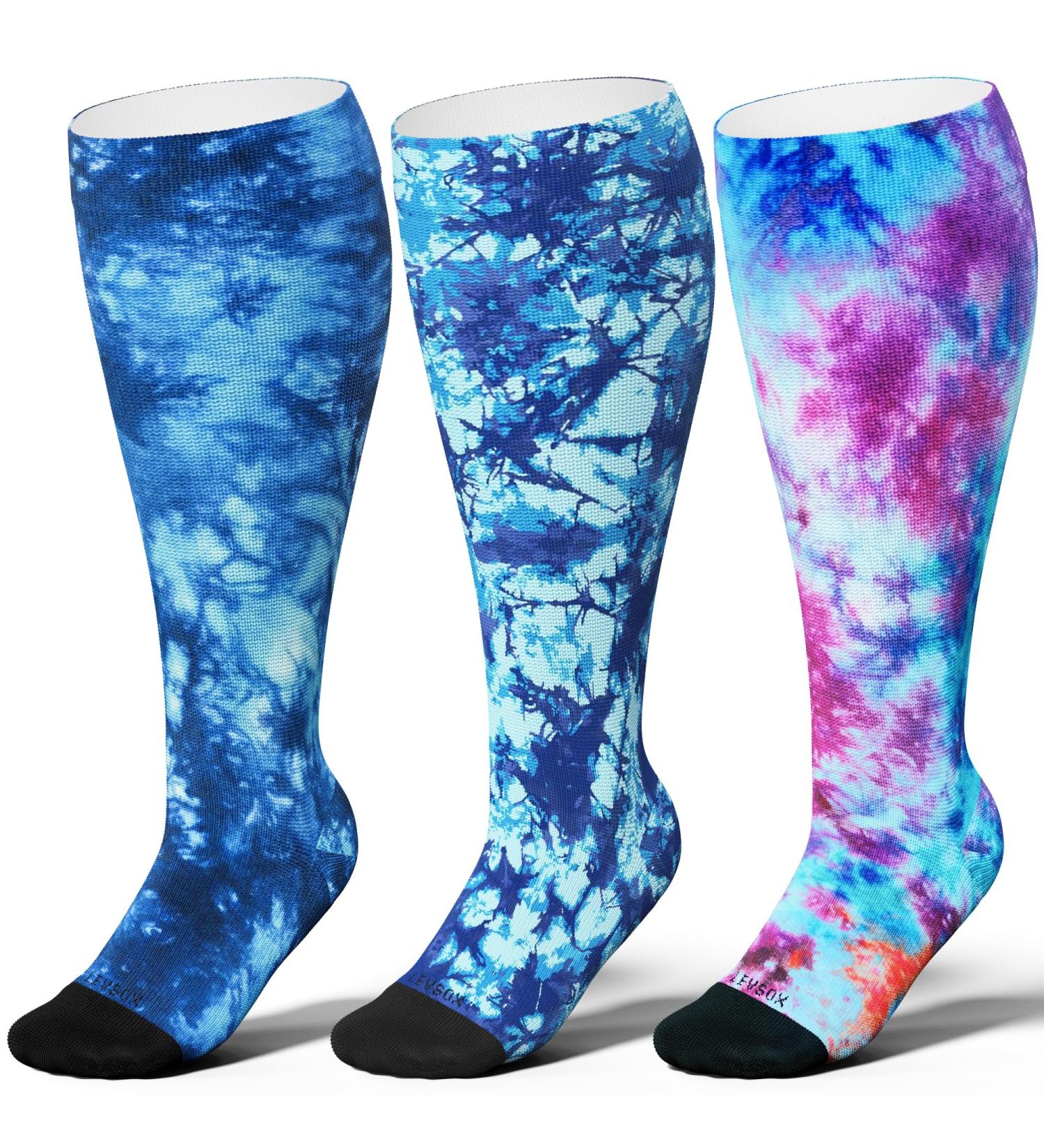 Levsox Oversize Compression Stockings for Men & Women - 15-20 mmHg Knee High Socks for Nurses & Travel - 3 Pair Blue Mix - Buy Online on GoSupps.com