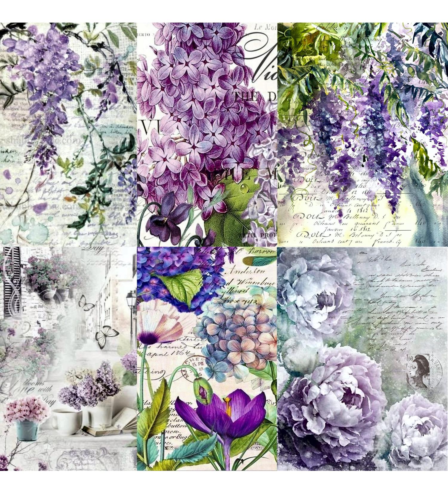 Lilac Theme Mulberry Rice Paper 8x10.5 inch - 6 Unique Printed Images, 30gsm Fiber, Decoupage & Mixed Media Crafts - Buy Online on GoSupps.com